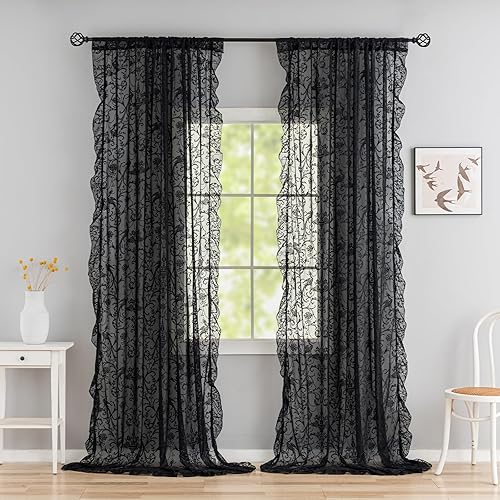 Miniatura 24 de Cortinas florales beige de 108 pulgadas de largo - Cortinas de encaje finas para comedor, con volantes de flores retro de los 60 y 70, bordadas