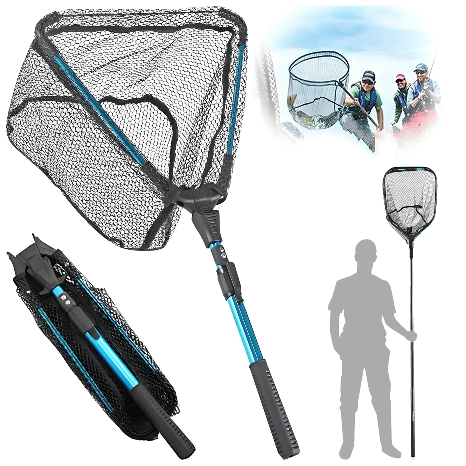 Épuisette de Pêche Télescopique de 90 cm - Nylon Caoutchouté - Pour Truites, Perches, Carpes - Adulte et Enfant