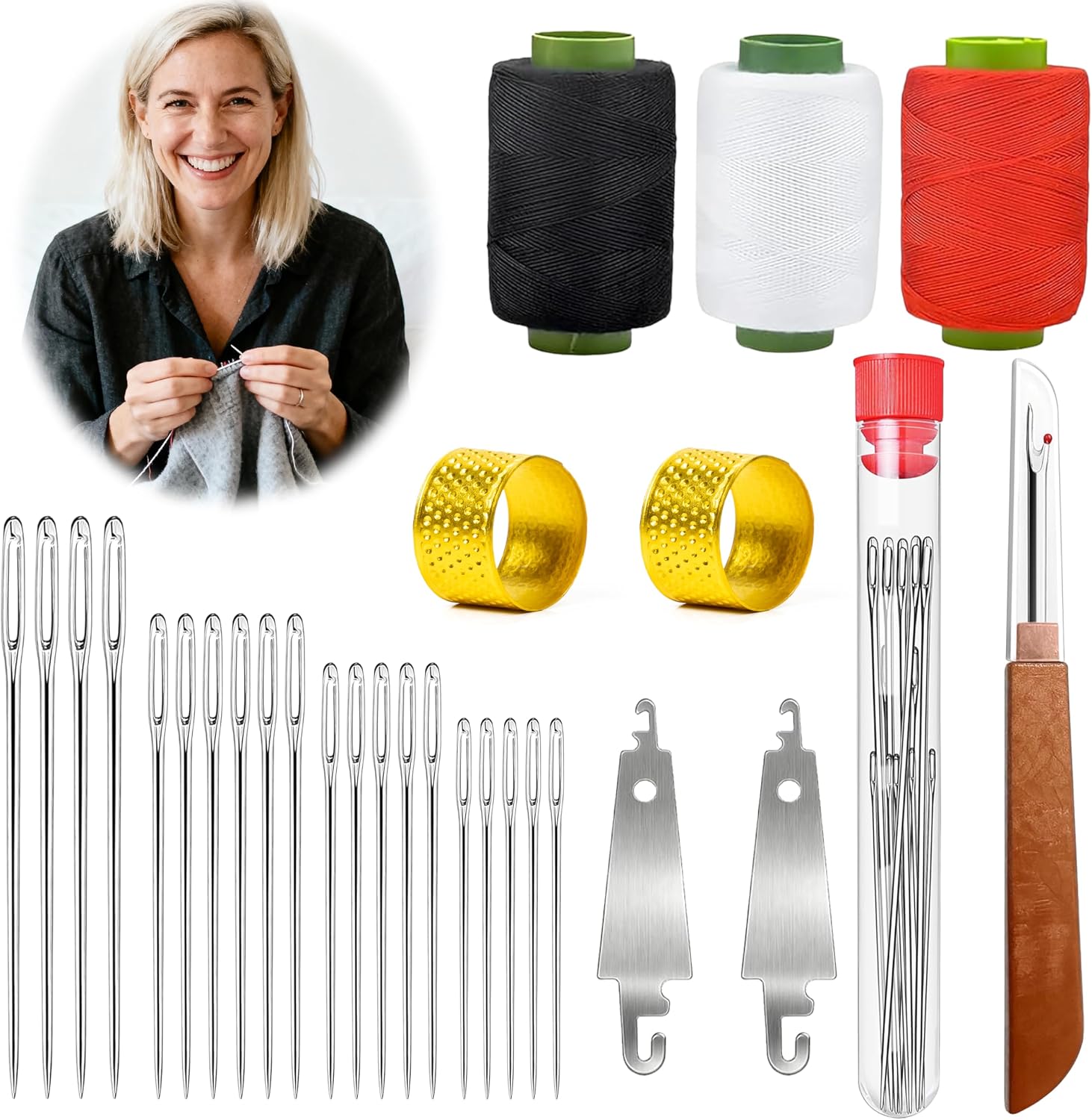 GQIRIL Steel Sewing Needles Kit - 49pcs 2026 Big Eye Metal Needles Set with Thread Threader Seam Ripper Thimble for Hand Sewing DIY Craft, Portable Handcraft for Beginner Daily Embroidery Project Kits