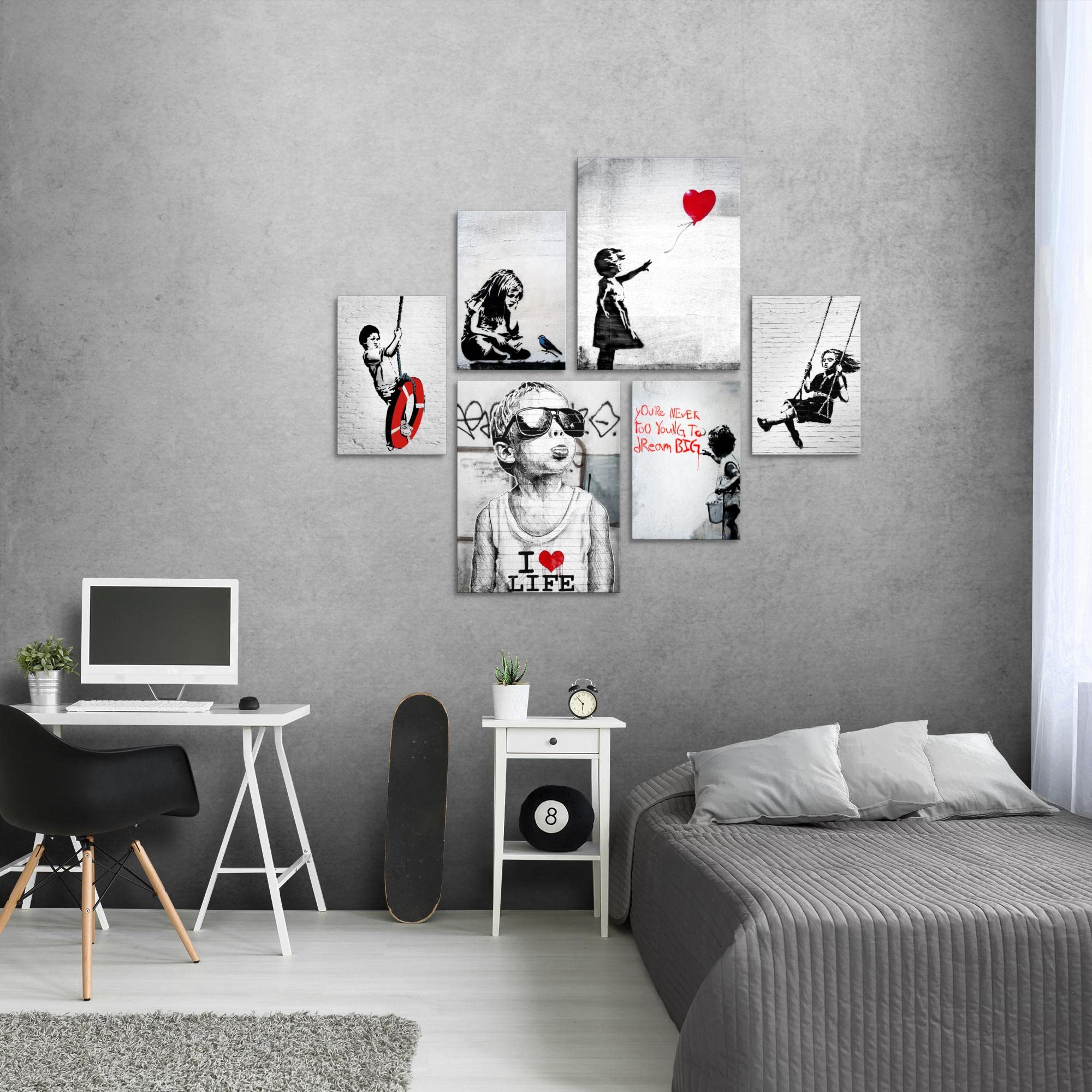 Novart Wandbilder Set Banksy Collage Street Art Grau - KEIN EXTRA RAHMEN BENÖTIGT - Modern Deko - Wohnzimmer Büro Loft N003163a