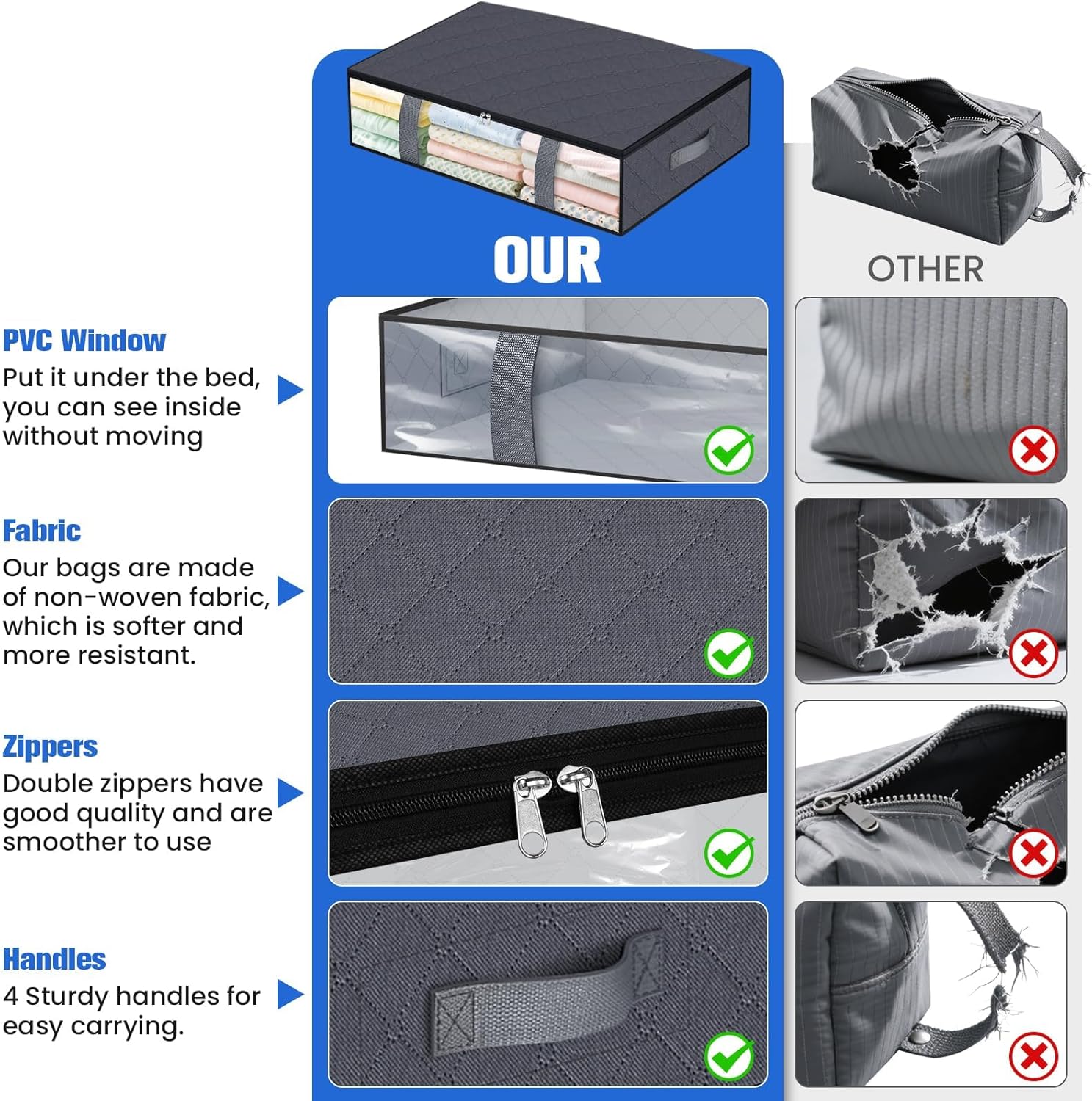 Under Bed Storage Containers, 4 Pack Blanket Storage Bags, Collapsible Storage Bags with Big Zippers, Clear Front, Shoe Storage and Organization for Clothes, Comforter, 60L, Grey - Image 6