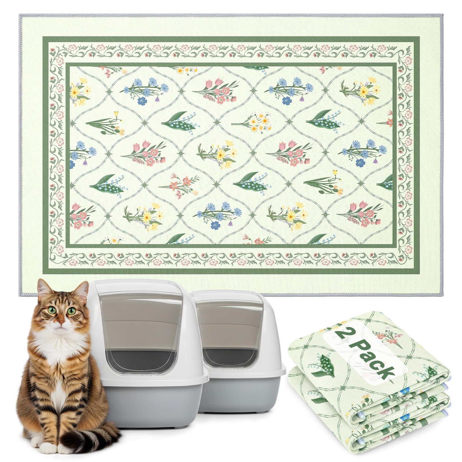 Bienbee Cat Litter Mat, 2PCS 33"x22" Machine Washable Litters Box Mats Non-Slip &Waterproof Cat Litters Trapping Mats Easy to Clean Mat for Litter Box Less Waste Protects Floors Bean Green Branch L