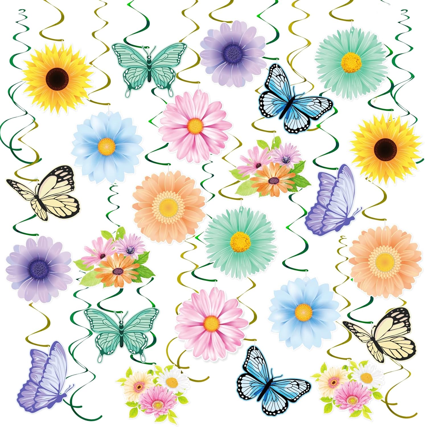54Pcs Spring Hanging Decorations Flower Butterfly Hanging Swirl Decorations Ceiling Streamers for Spring Easter Party Decorations Birthday Wedding Mother's Day Home Garden Tea Party Decorations