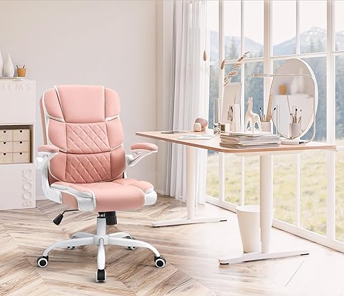Miniatura 2 de SEATZONE Silla de escritorio rosa moderna silla de oficina ejecutiva con brazos silla de escritorio de piel sintética para niñas y mujeres