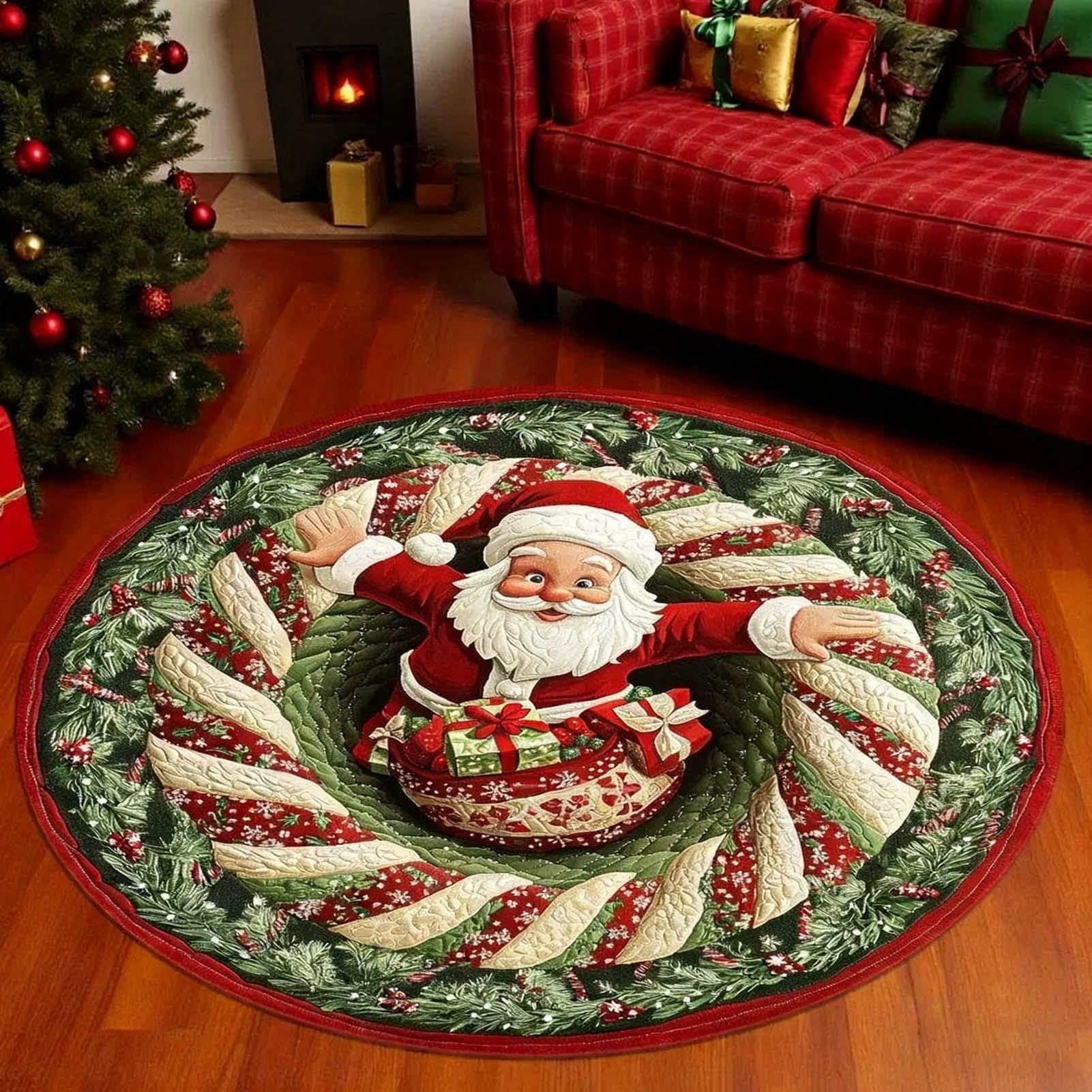 Tapis Rond De Noël en Illusion 3D Tapis Père Noël Anti-Dérapant 3D
