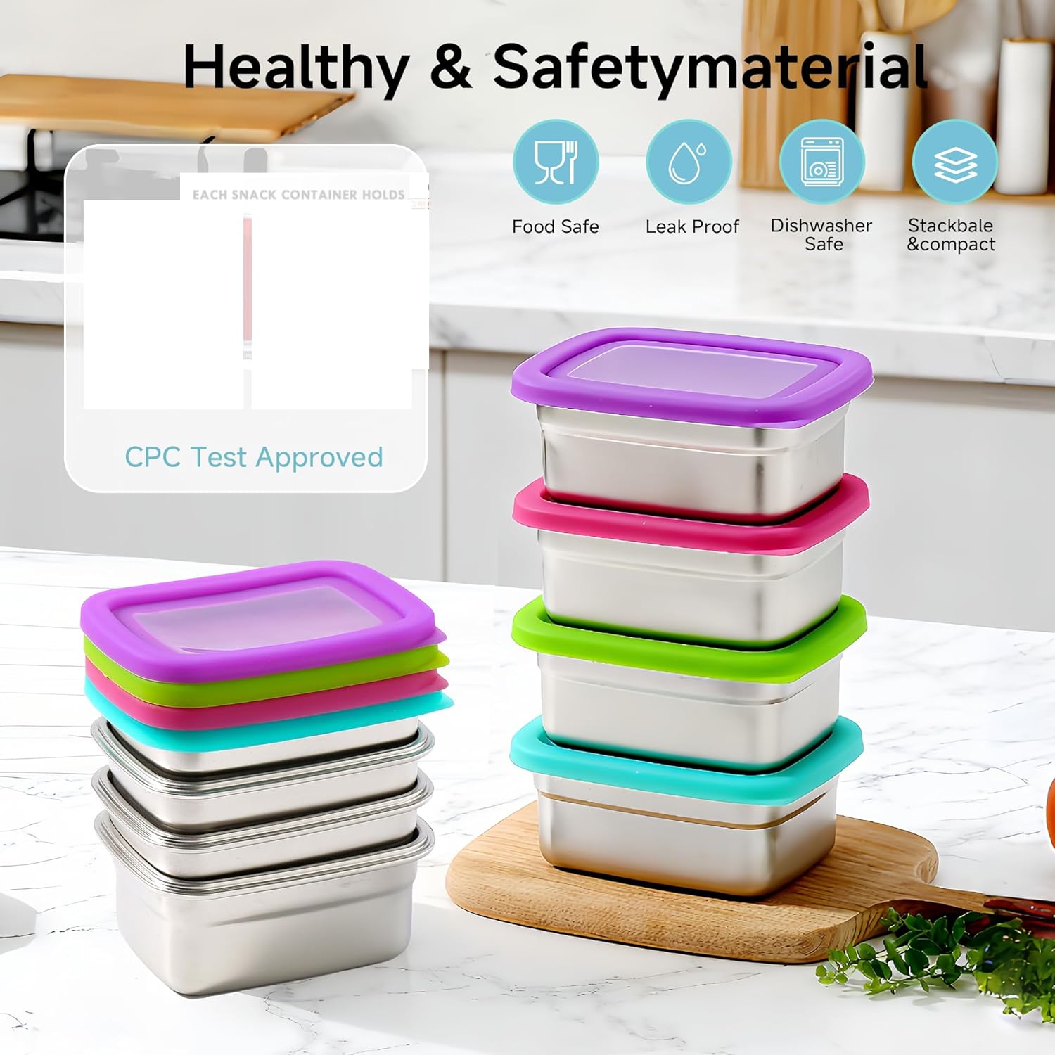BEFOY Stainless Steel Snack Containers with Clear Silicone Lids for Kids/Adult Leak Proof Stackable Metal Lunch Box for Kitchen Storage, Meal Prep Easy Open & BPA-Free Stackable Box for Daycare