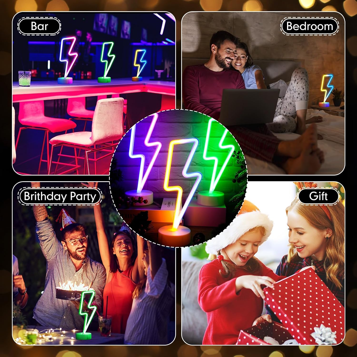 Sieral 3 Pcs Lightning Bolt Neon Signs Lightning Neon Lights with Base LED Sign USB or Battery Operated for Teen Girls Gift Christmas Birthday Wedding Party Decor(Multi Colors)