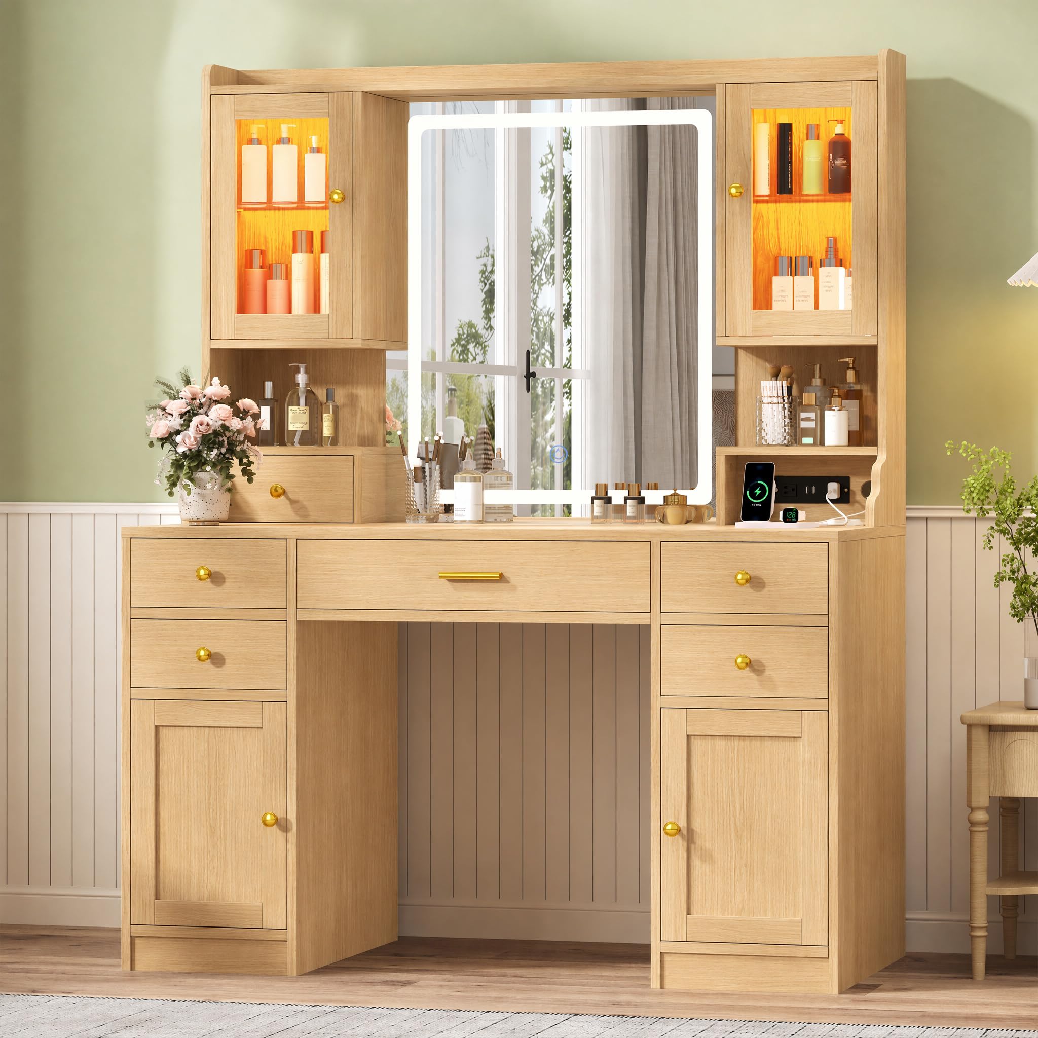 CSZZD Makeup Vanity Desk with Lighted Mirror &amp; RGB Storage Cabinets