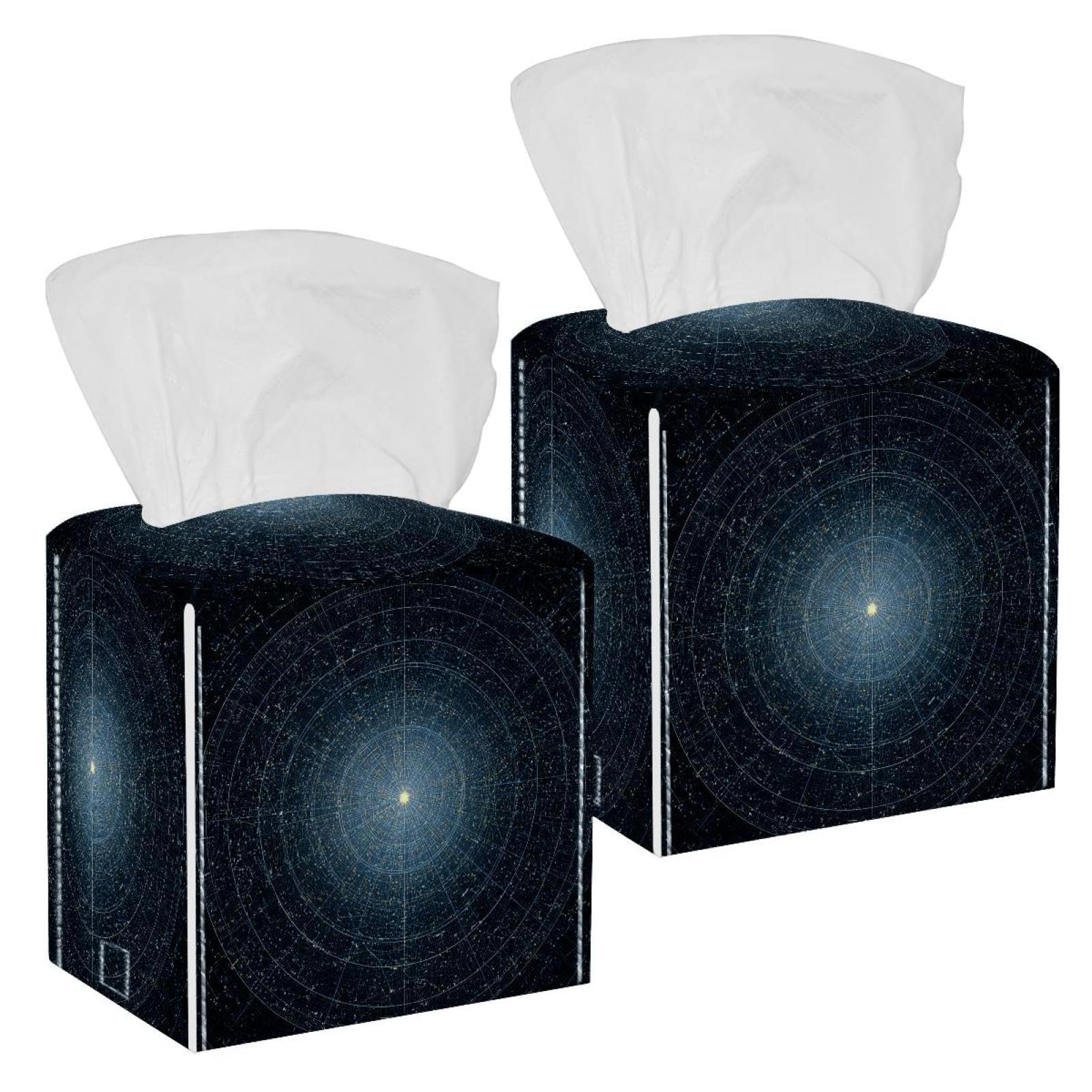Starry Sky Tissue Box Cover, 2 Pack PU Leather Square Facial Tissue Dispenser Box holder for Home Office Car