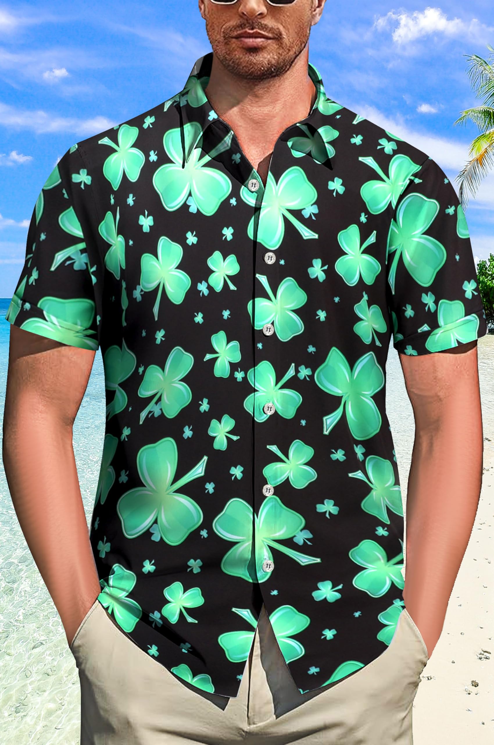Mens St.Patrick's Day Shirt Irish Clover Printed Casual Short Sleeve Hawaiian Button Up Shirt