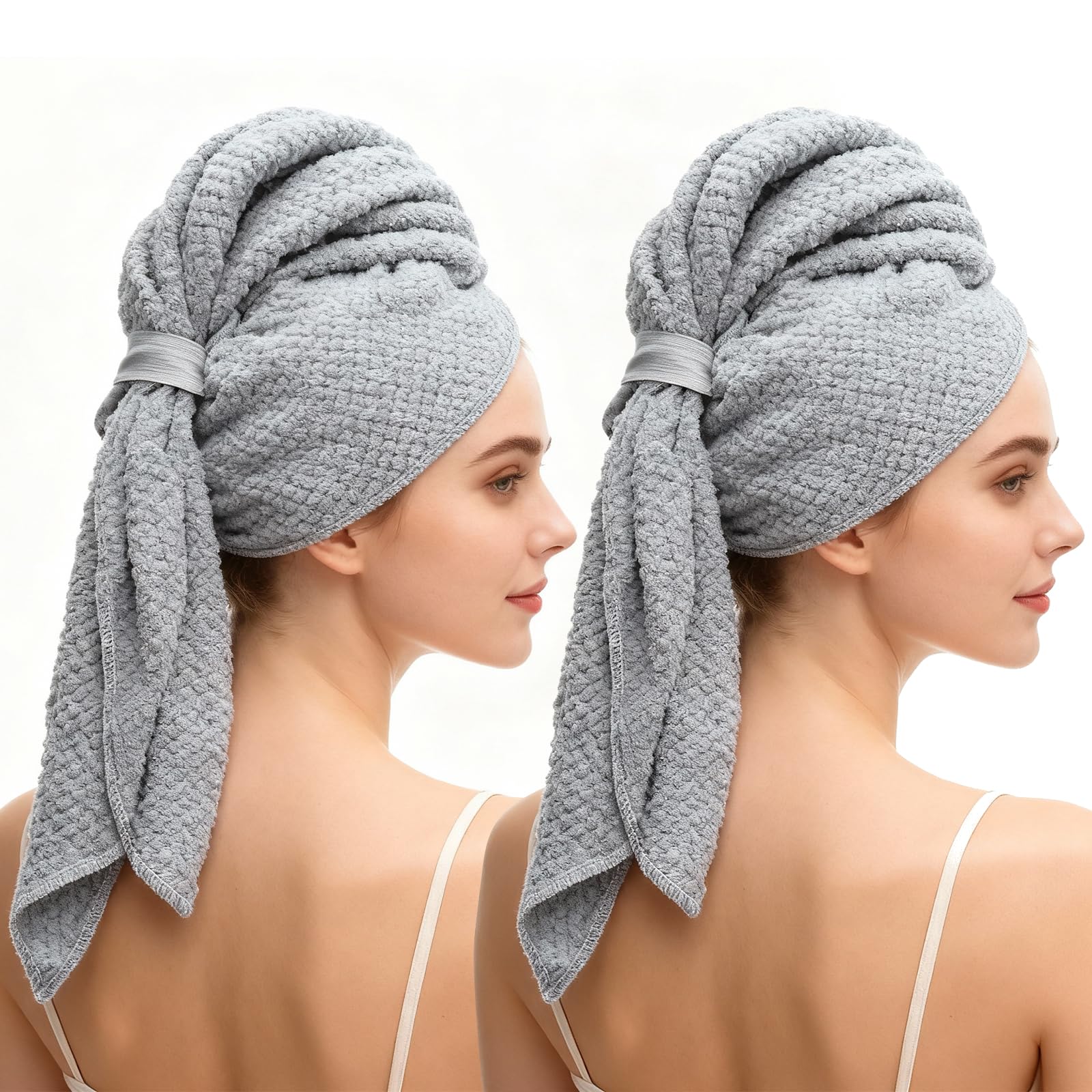 2 asciugamano microfibra capelli, turbante asciugacapelli grigi con elastico, rapida e super assorbenti per capelli lunghi (100 x 60 cm)