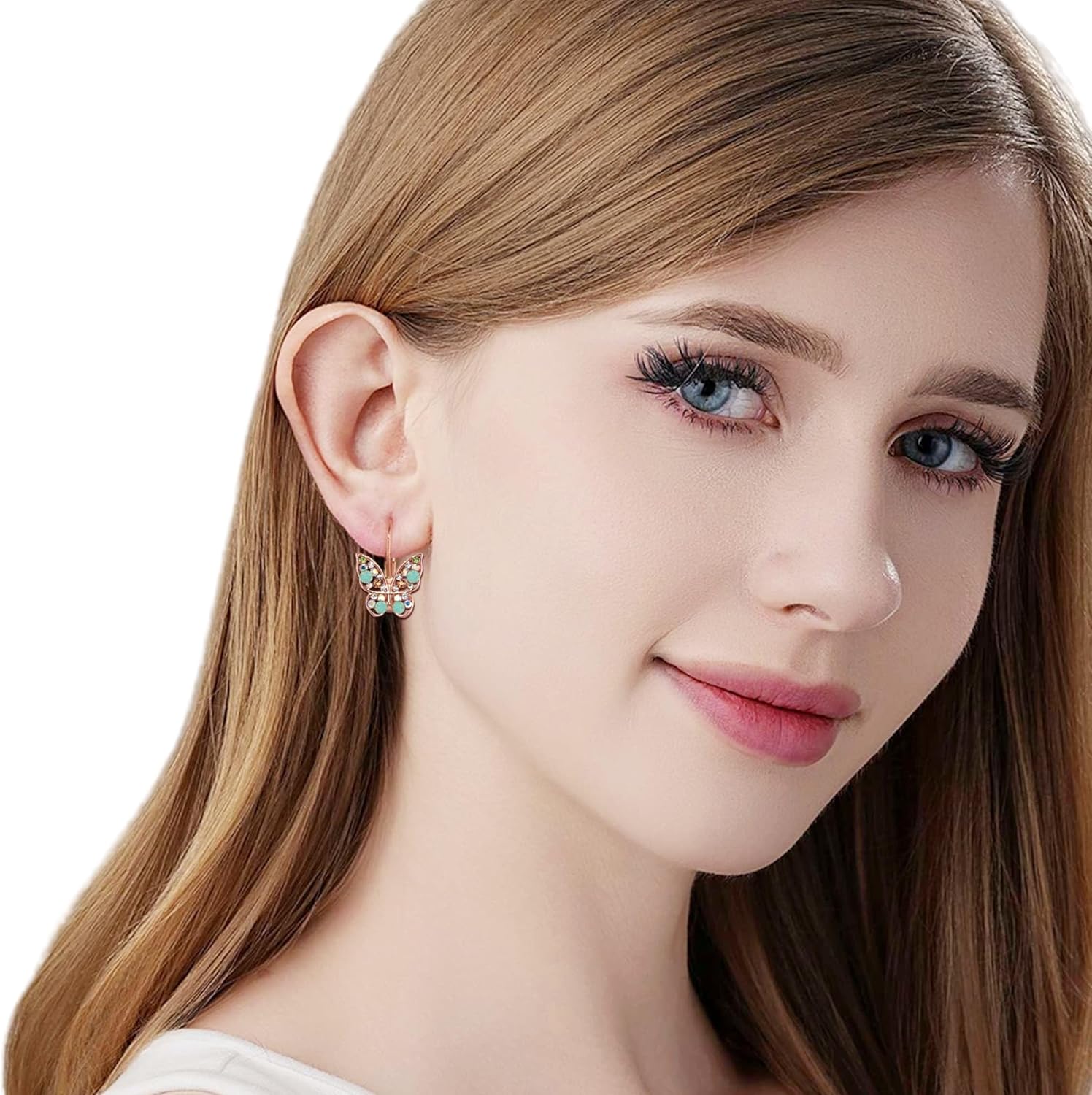 EVEVIC Austrian Crystal Butterfly Leverback Earrings for Women 14K Gold Plated Rhinestone Drop Earrings Hypoallergenic Jewelry Gifts - Image 4