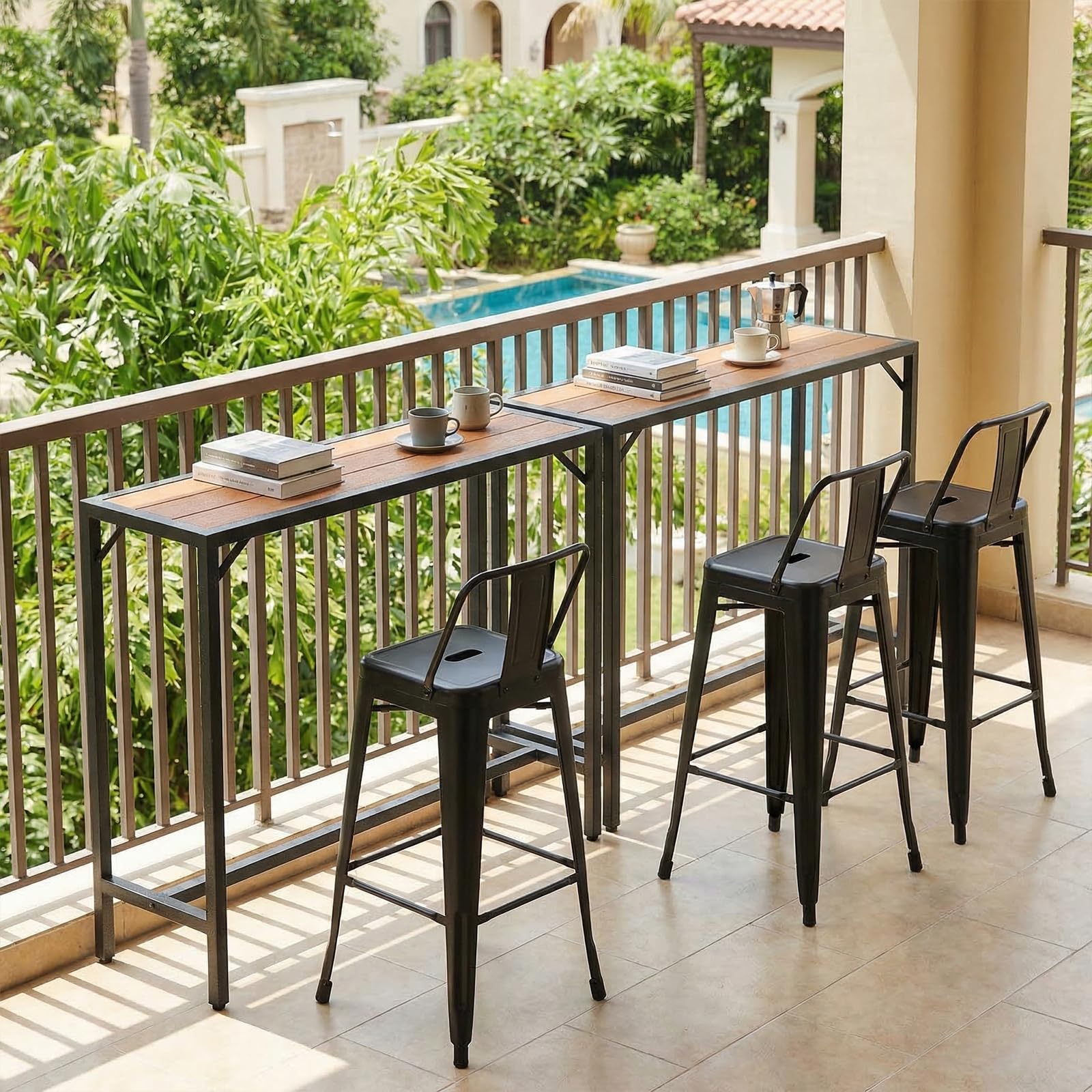 Table Haute de Jardin Clevich 120x38x98 cm Mange Debout Exterieur Plateau Étanche Pieds Réglables Hauteur Bois