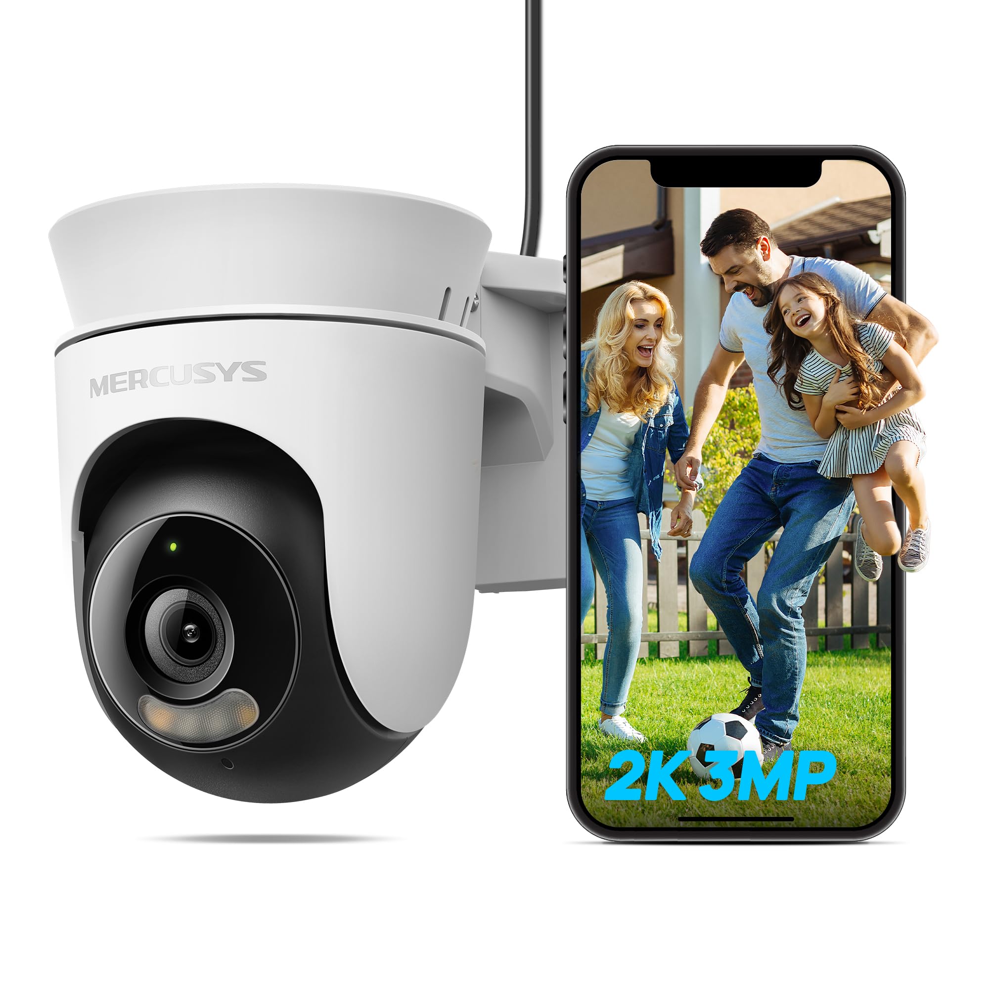 MERCUSYS MC510 2K 3MP Pan/Tilt Security Outdoor Camera, Smart Motion & Person Tracking, Color Night Vision, IP65 Weatherproof WiFi Camera, Two-Way Audio, Cloud/Local microSD Storage, No Monthly Fee