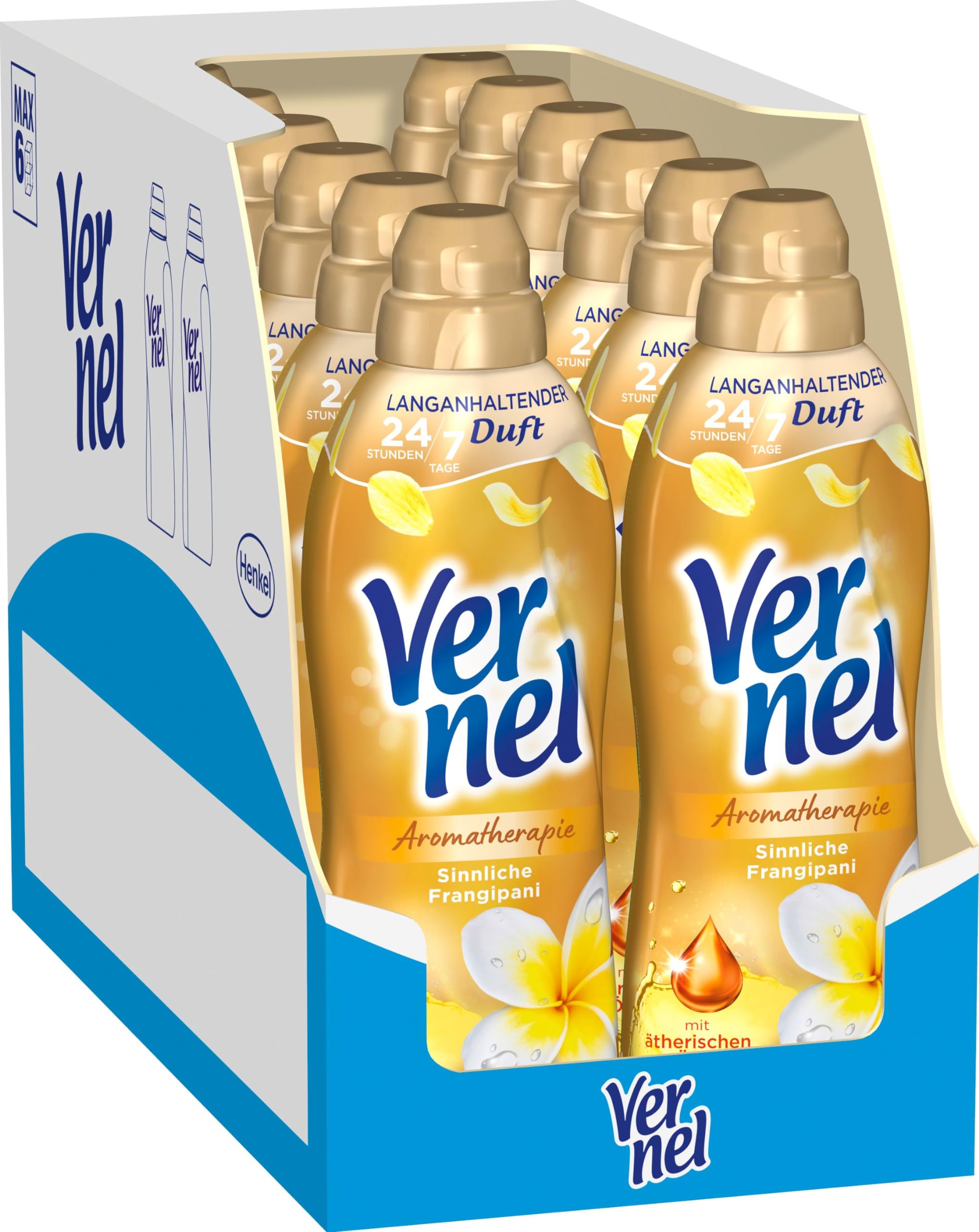 Vernel Aromatherapie Sinnliche Frangipani Weichspüler, 384 (12 x 32) Waschladungen, langanhaltender Wäscheduft mit ätherischen Ölen für 24/7 Frische, recycelbare Flasche