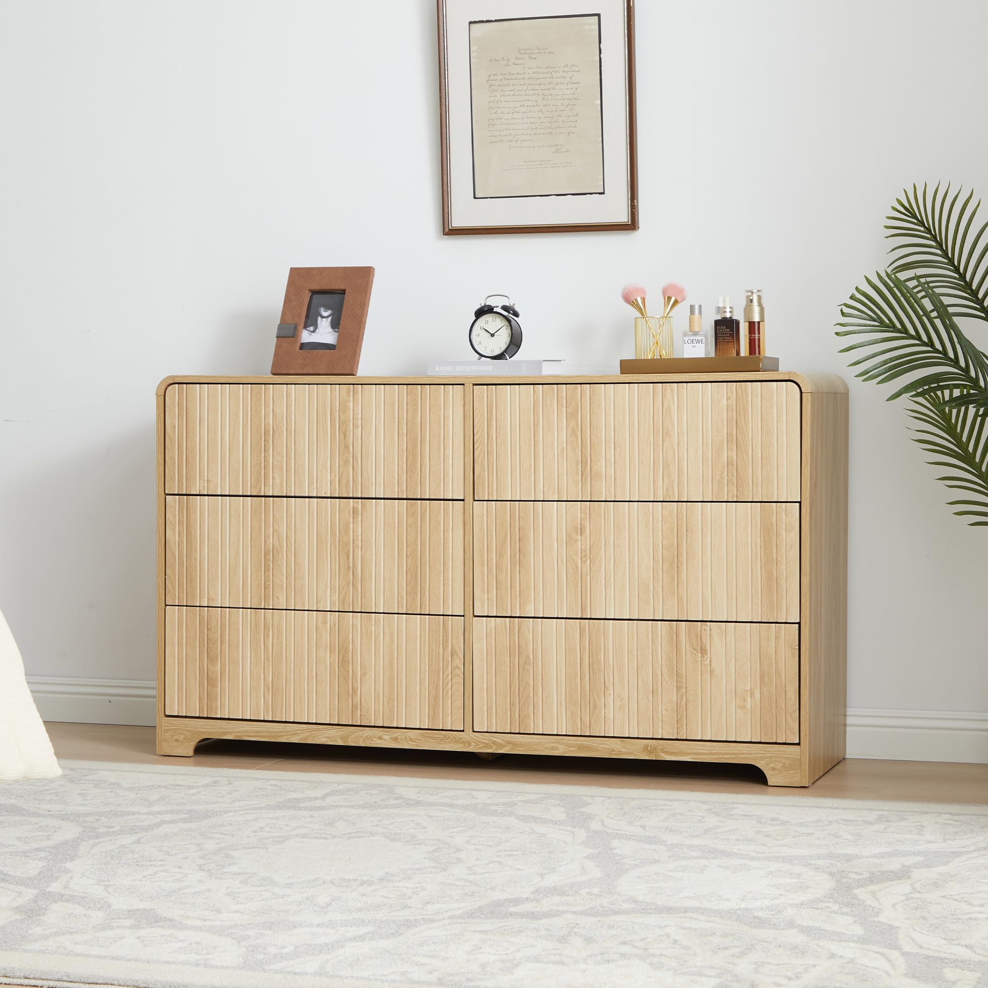 Fluted 6 Drawers Dresser for Bedroom, 53" Wide Mid Century Modern Chest of Drawer with Curved Profile Design, Large Double Wood Dresser for Living Room Natural 15.8"D x 53"W x 30.7"H (6 Drawers)
