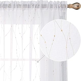 Deconovo Sheer Curtain White 84 Rod Pocket Wave Line with Dots Linen Look Window Curtain for Dining Room 52W x 84L Gold 2 Panels