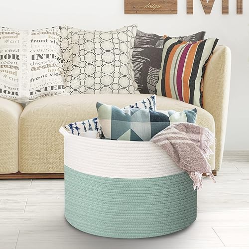 Miniatura 4 de Cesta de cuerda tejida XXXL con asas, cesta de 23.6 x 23.6 x 14.1 pulgadas para mantas para sala de estar, canasta grande de almacenamiento de