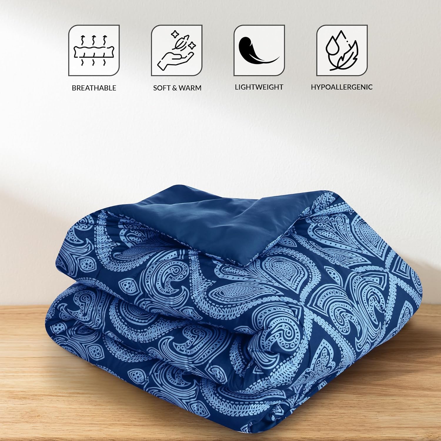 LUX Décor Reversible 4pc Twin Comforter Set, Printed Bedding Set, All-in-One Bed in a Bag, Includes 1 Comforter, 1 Pillow Sham, 1 Decor Pillow & 1 Bed Skirt (Paisley Navy,Twin)