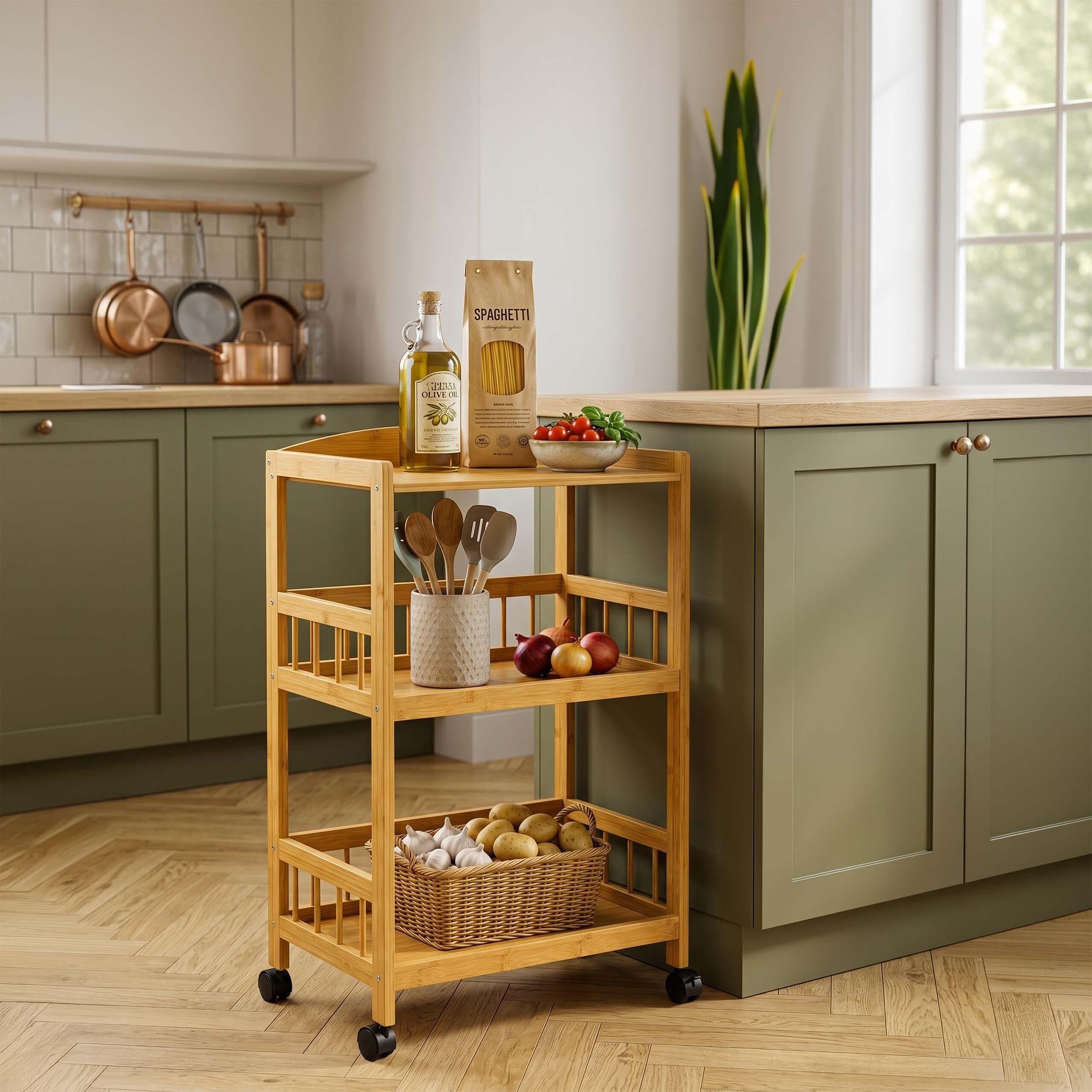 Relaxdays Chariot de Service Bambou 80 x 53 x 30 cm, 3 étages, Naturel | Étagère à roulettes pour la cuisine et le salon, chariot de cuisine
