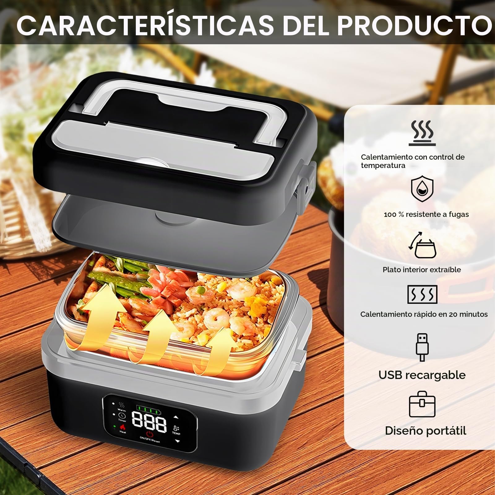 Fiambrera Eléctrica Portátil, Fiambrera Inalámbrica Autocalentable Recargable, 1L Fiambreras Bento Adultos con Calentamiento Programado, Fiambreras Comida para Comidas en Movimiento