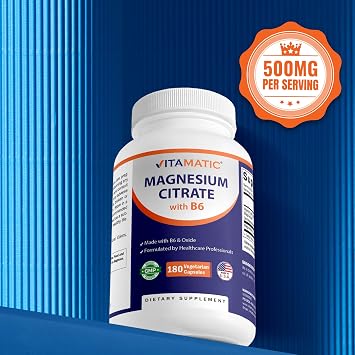 Vitamatic Magnesium Citrate 500mg per Serving - 180 Vegetarian Capsules (Provides 150 mg of Elemental Magnesium) - Added B6 for Maximum Absorption - Supports Muscle, Joint, and Heart Health*