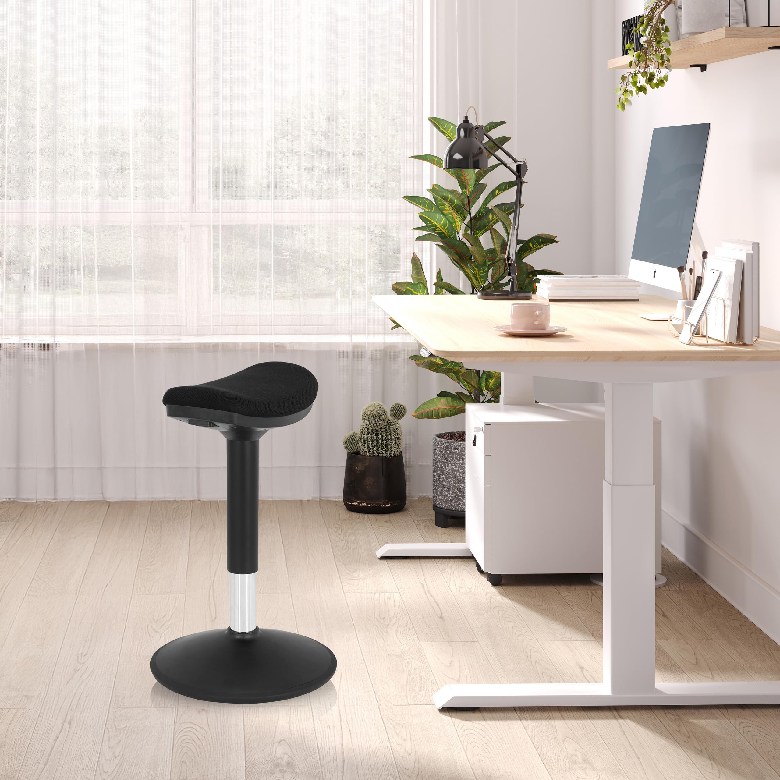 hjh OFFICE 830094 Tabouret Balance Sit I B Noir Tissu, Tabouret Assis Debout, Ergonomique, Réglable en Hauteur, pour Une Position Assise équilibrée et Active