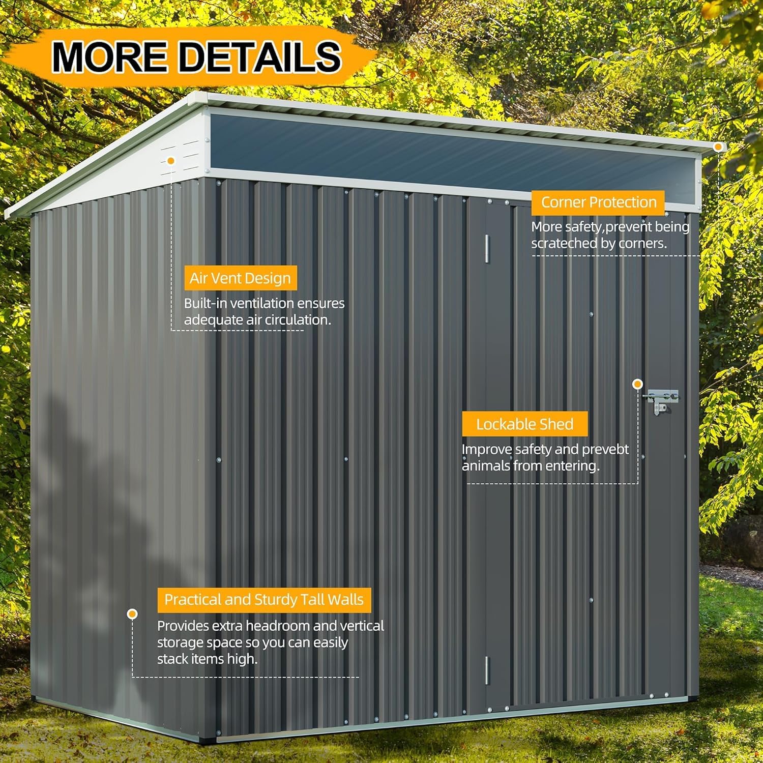 Shintenchi 6x4 FT Outdoor Storage Shed with Window, Outdoor Waterproof Storage Shed Metal Garden Shed with Lockable Single Door, Weather Resistant Tool Storage House Shed for Garden,Backyard,Gray - 5