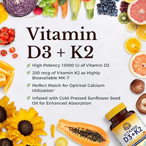 Miniatura 3 de Vitalitown Suplemento de vitamina D3 K2, vitamina D3 10000 UI Vitamina K2 (MK7) 200 mcg, 90 cápsulas blandas, sin OMG, sin gluten y soja, para