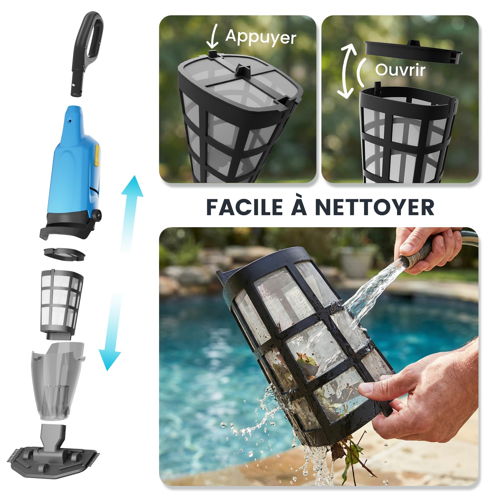Aspirateur de Piscine sans Fil, aspirateur de Fond de Piscine avec autonomie Jusqu’à 90 Minutes,Nettoyeur de Piscine, Puissance d’Aspiration Jusqu’à 4088 L/h, idéal pour spas et Hot tubs