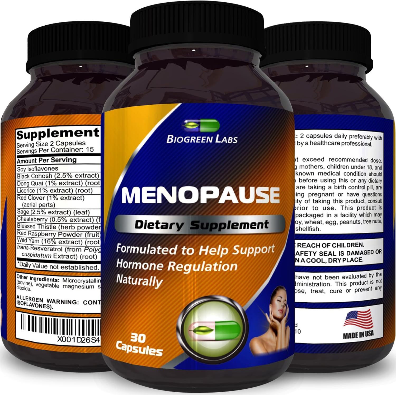 Menopause Relief Pills - Helps Relieve Hot Flashes + Night Sweats + Mood Swings - Natural Menopause Support - Can Restore Hormone Balance - Contains Sage + Black Cohosh + Red Clover - Biogreen Labs