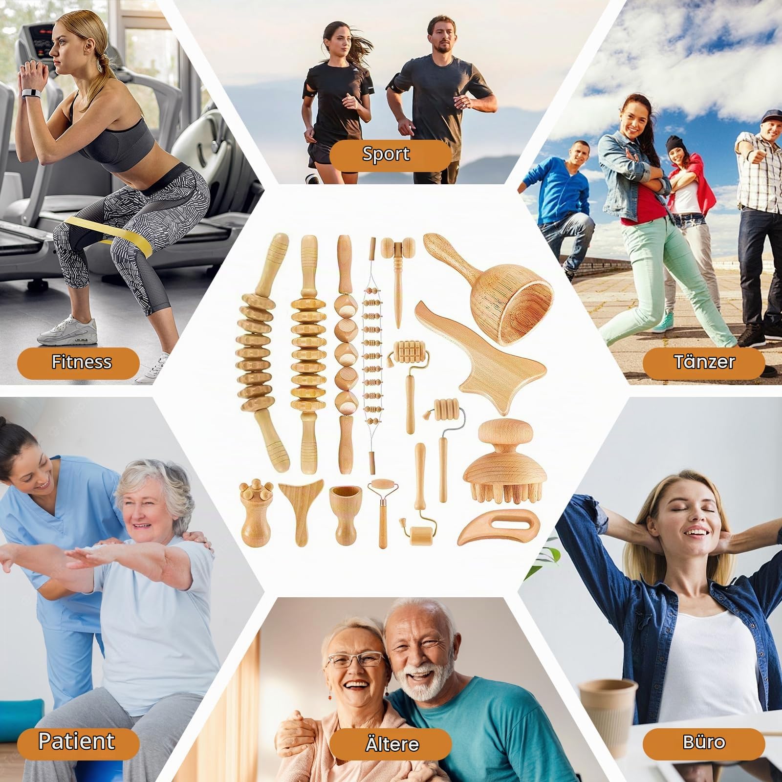 16 Stück Holz Maderotherapie Set,Faszienrolle Holz Professionelles Massage Set,Massageroller Beine,Rücken Massagegeräte,Body Gua Sha,Entspannung Therapie Tools für Körperformung,Anti Cellulite,Stress