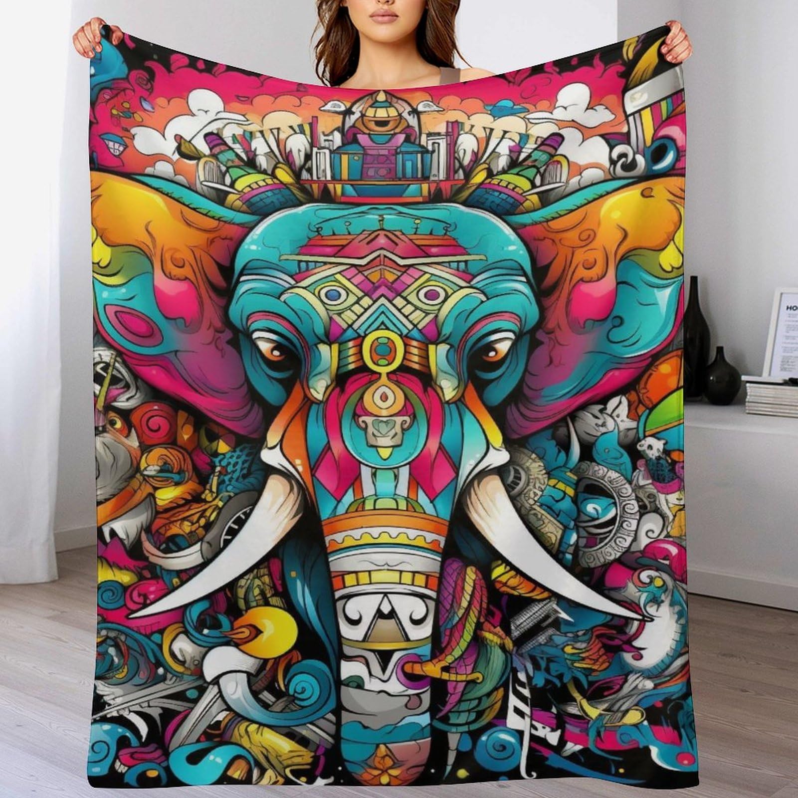 Couverture en flannel éléphant contre le froid sur le canapé du salon