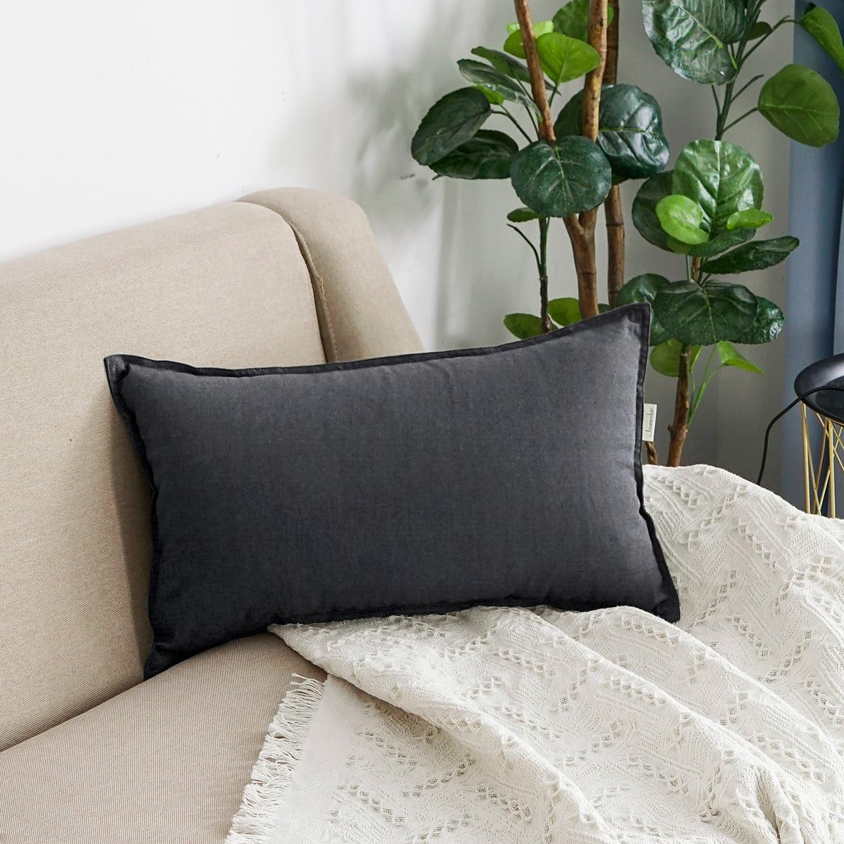 Jeanerlor Natural Cotton Linen Decorative Lumbar Throw Pillow Case Dark Grey Cushion Cover with Twin Needles Stitch on Edge,for Office/Coffee Shop 12"x20" 2 pack - Image 4