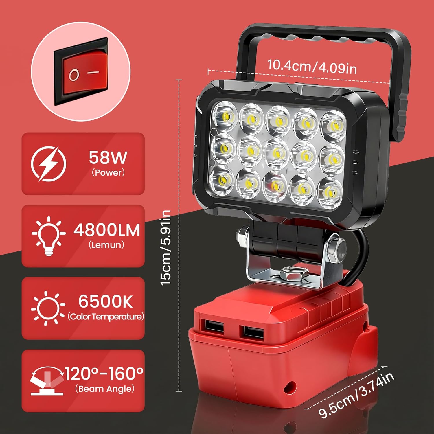 2pcs Cordless Work Light Compatible with Milwaukee 18V Battery.58W 4800LM Wide Beam Flood Light with Two USB Charging Port Flashlight for Emergency,Workshop,Garage.(No Battery)