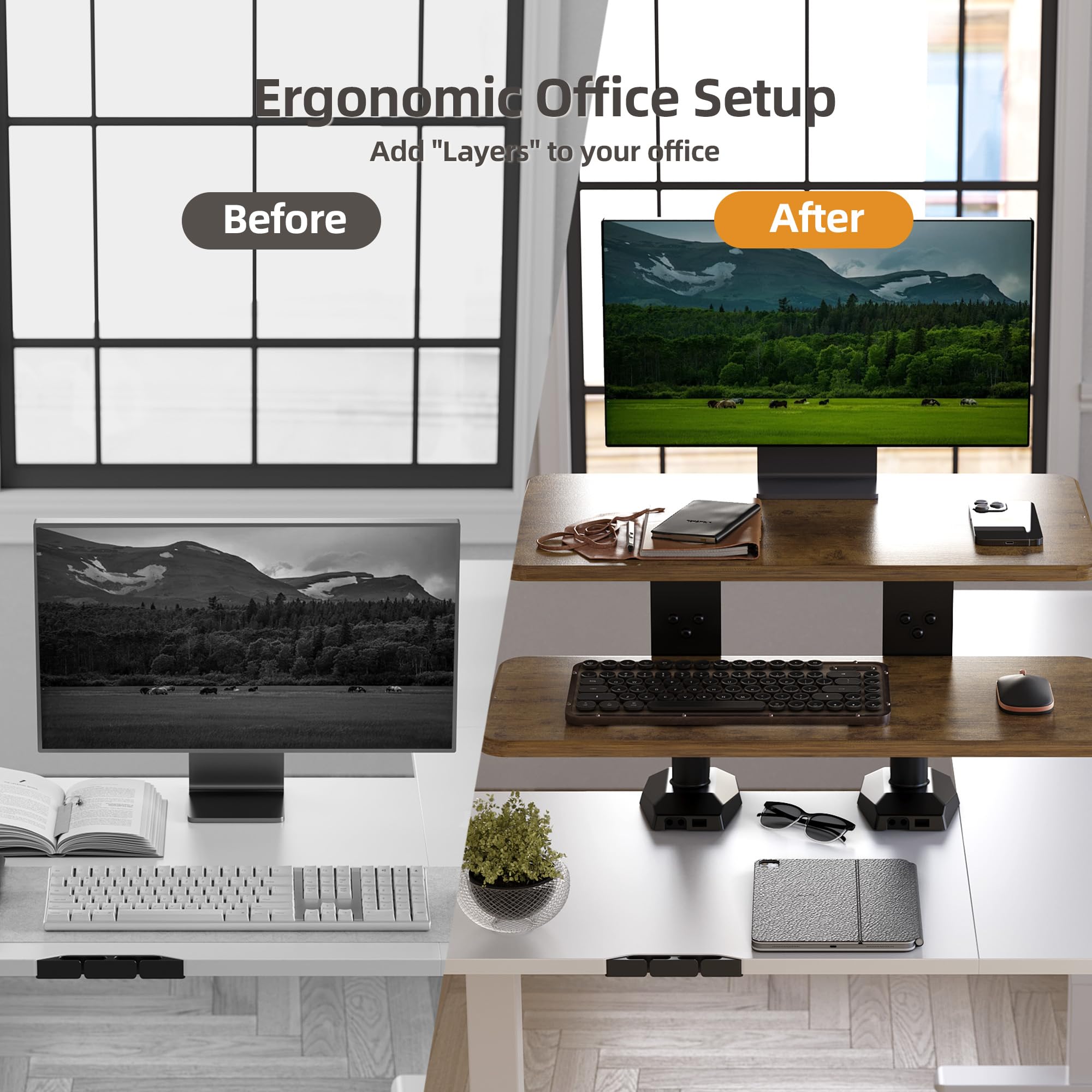 Claiks 61 cm Sitz-Steh-Arbeitsplatz, innovativer platzsparender, höhenverstellbarer ergonomischer Schreibtischkonverter mit breiter Tastaturablage, doppelter Fixierung und flexibler Drehfunktion