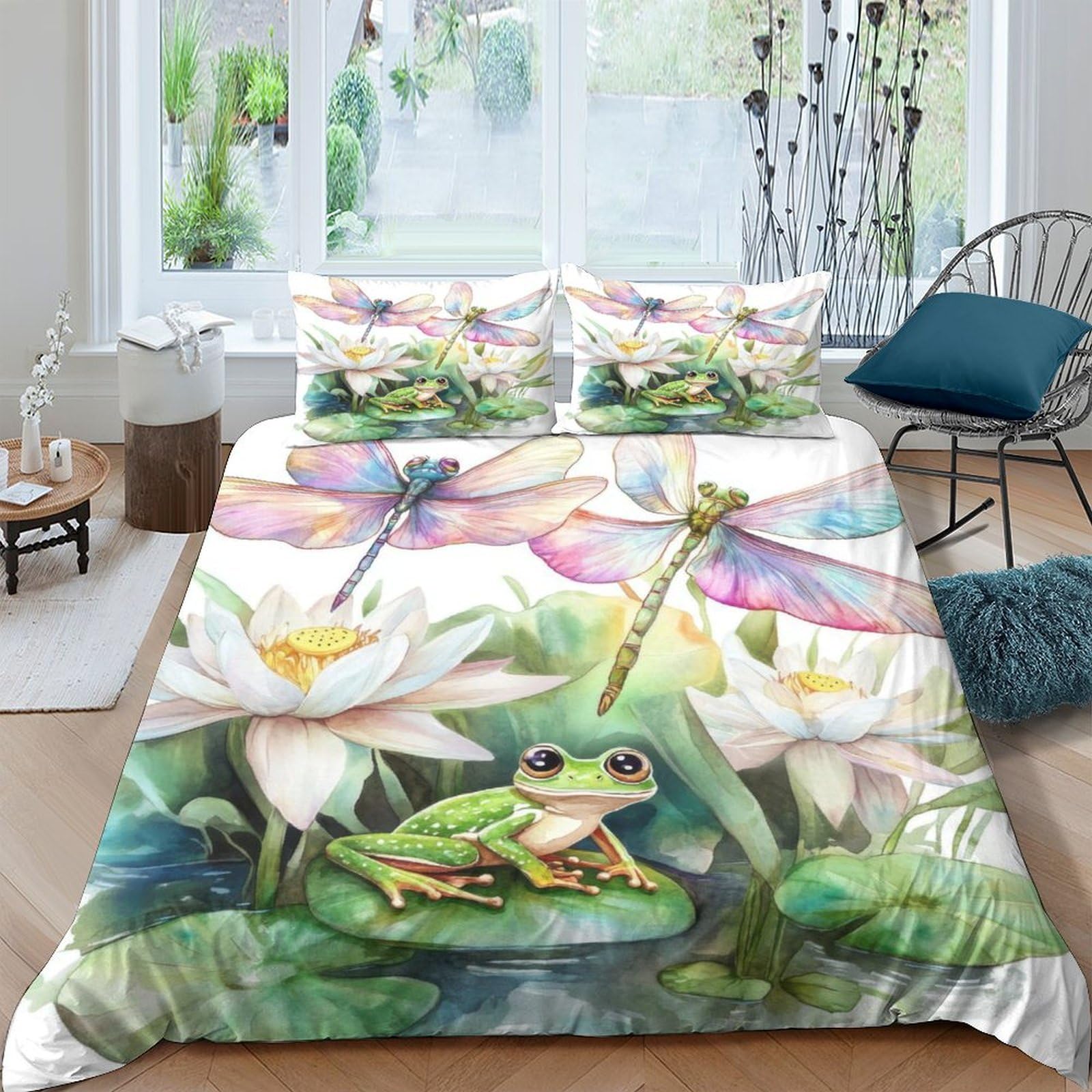 Ctjqhvkz Style-10 3D Printed Frog Lotus Fitted Sheet Microfiber Water Lily Dragonfly Mattress Cover For Bedroom Guest Room Decor Single（135X200cm）