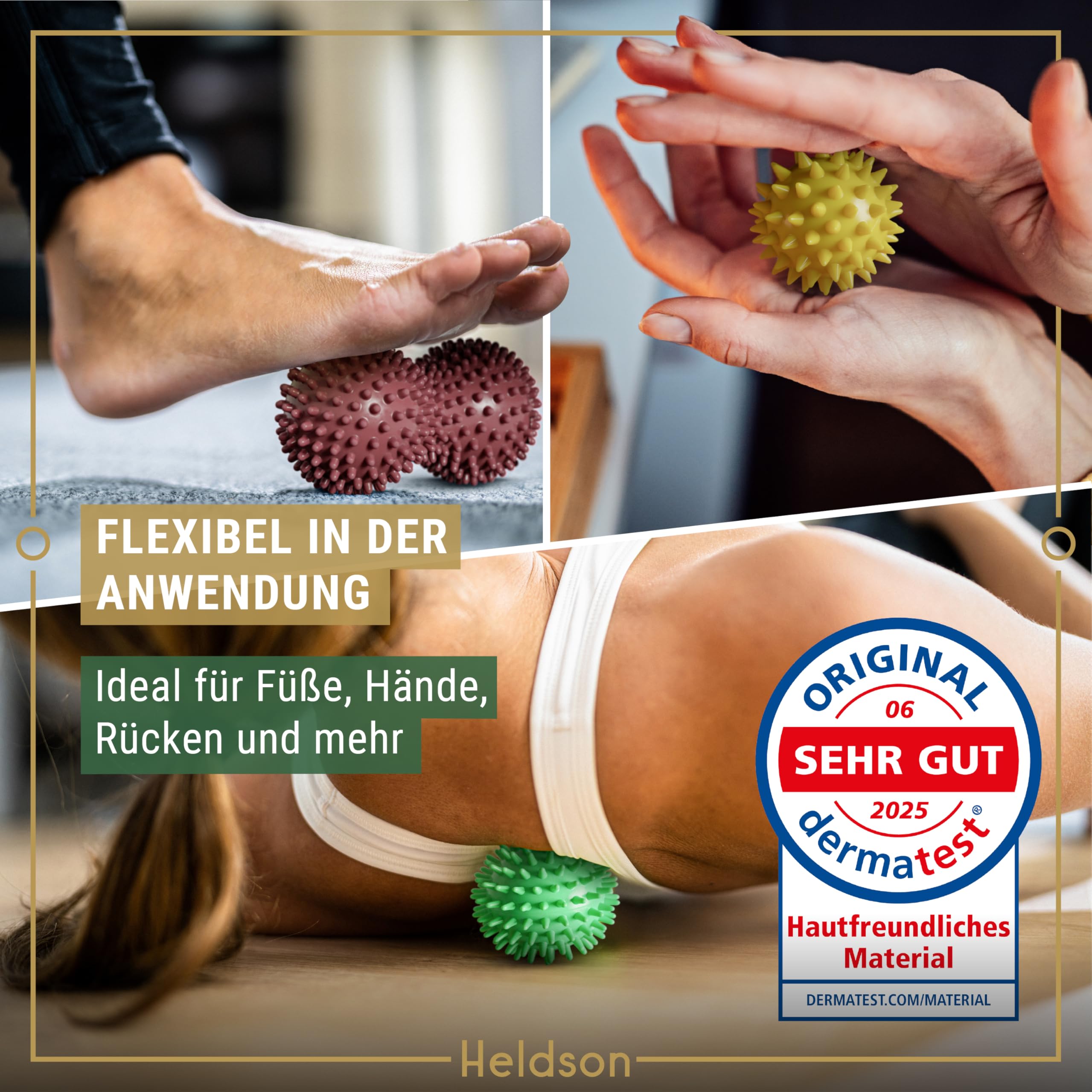 HELDSON Piłka do masażu premium, 3-częściowy zestaw z piłką Peanut Ball – piłka do masażu stóp z wypustkami – małe piłki do masażu powięzi – piłka do masażu powięzi – piłka do masażu stóp – wypustki