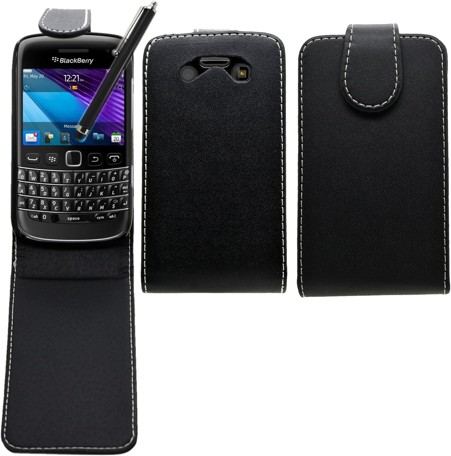 SAMRICK - Blackberry 9790 Bold (RIM Bellagio) - Specially Designed Leather Flip Case & Screen Protector/Foil/Film/Guard & Microfibre Cloth & Black High Capacitive Stylus Pen - Black