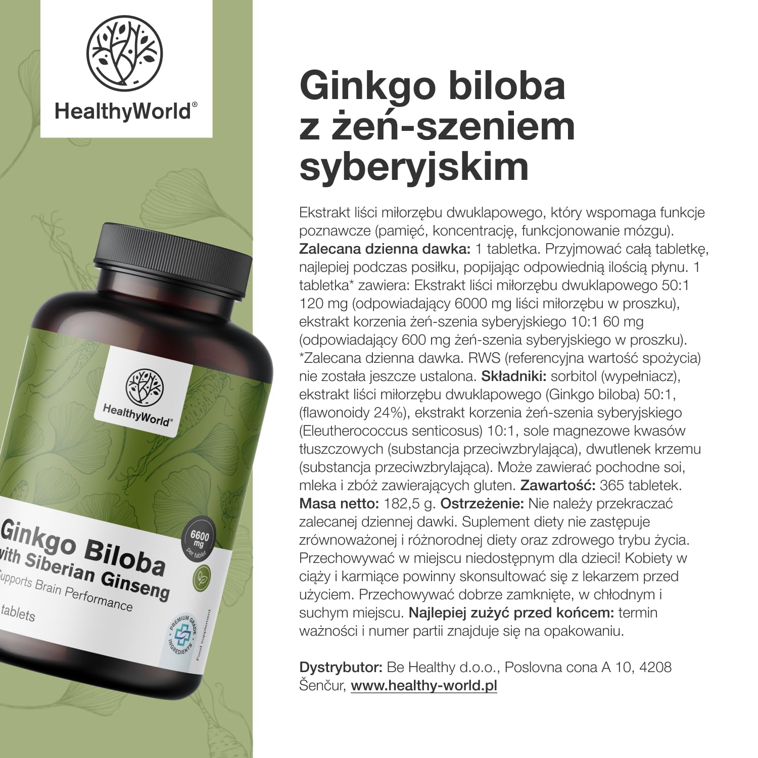 HealthyWorld Ginkgo Biloba + żeń-szeń syberyjski 6600 mg – Wysoka dawka, jakość premium – Wsparcie mózgu, pamięci i koncentracji – 365 tabletek – Ekstrakty 50:1 i 10:1