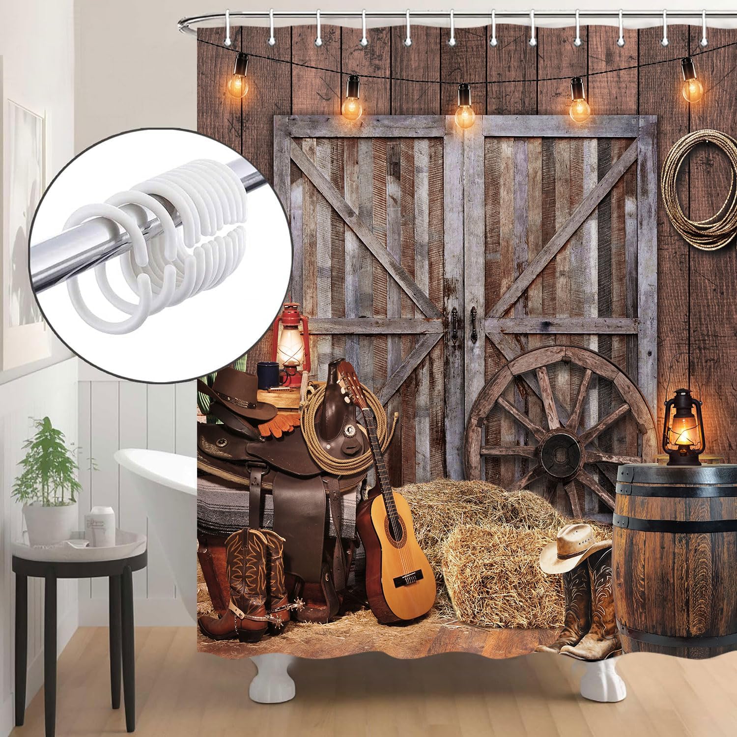 Rustic Barn Door Shower Curtain Set, Western Cowboy Shower Curtains, Farmhouse Country Cactus Shower Curtains for Bathroom, Farm Wooden Vintage Bathtub Decor Accessories with Hooks,72X84IN Brown