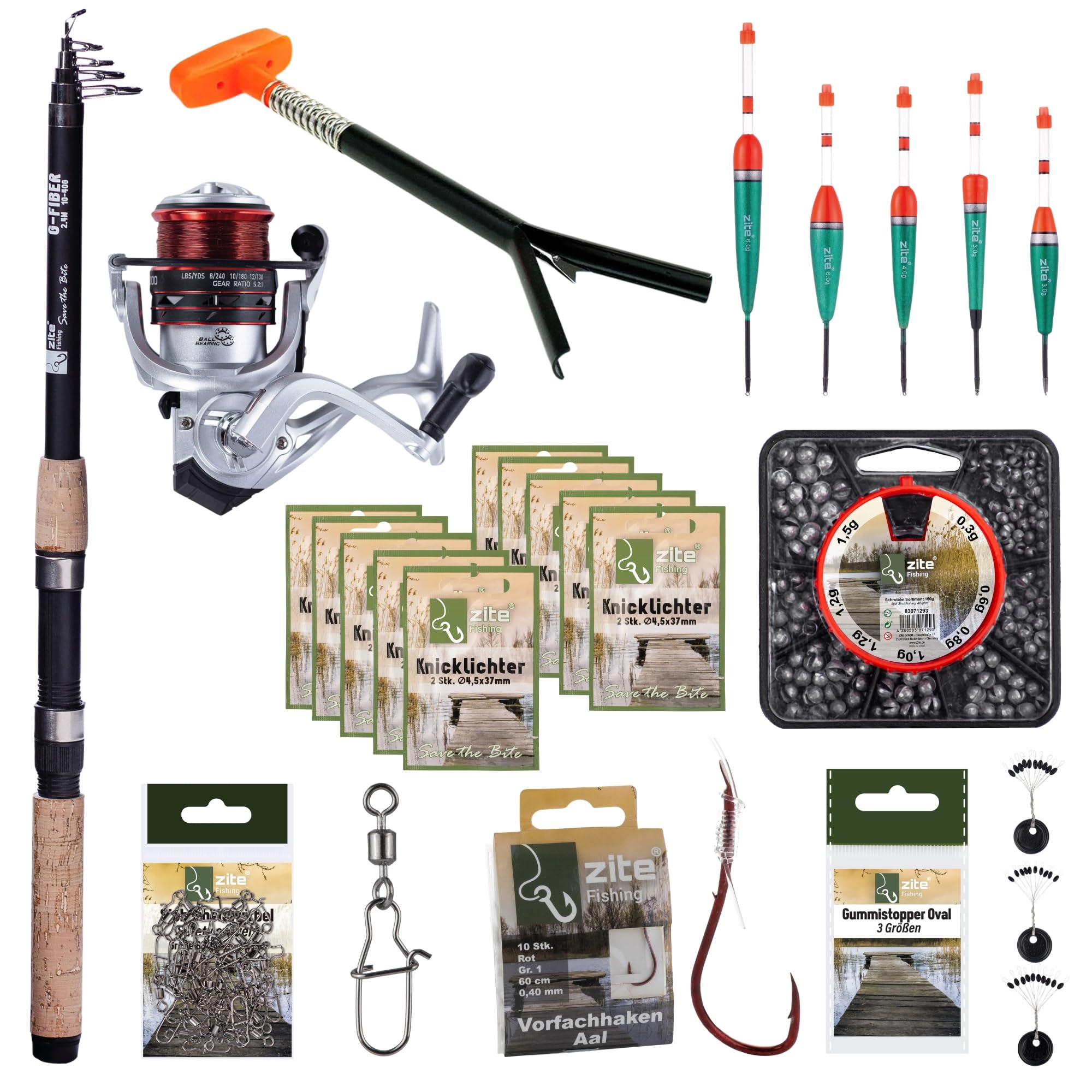 Zite Fishing Angelset Aal-Angeln | Teleskop-Rute, Rolle bespult & Mehr