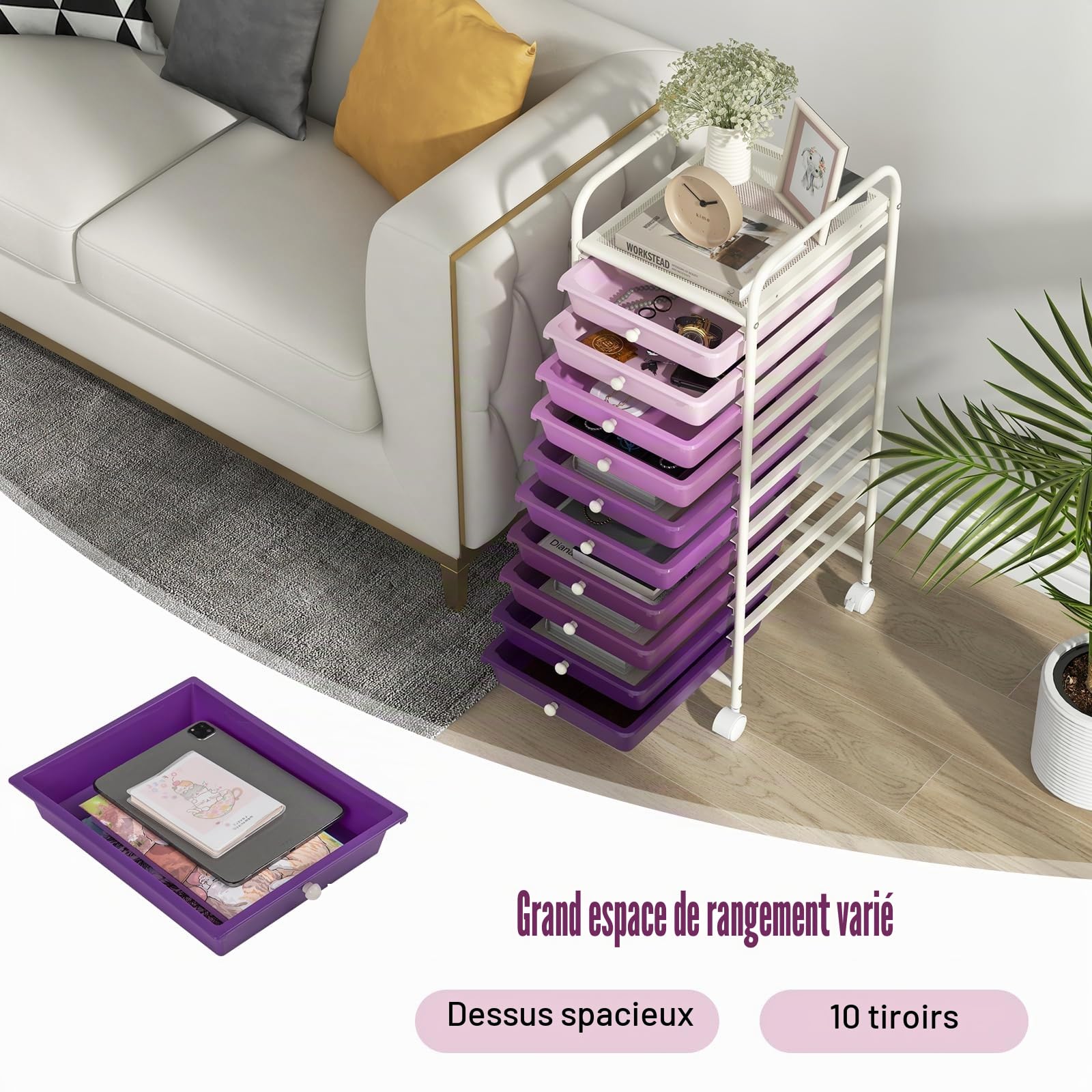 GIANTEX Chariot à roulettes avec 10 tiroirs empilables - Chariot de salle de bain avec roulettes verrouillables - Chariot de rangement - Chariot de rangement - Chariot de ménage - Structure en métal