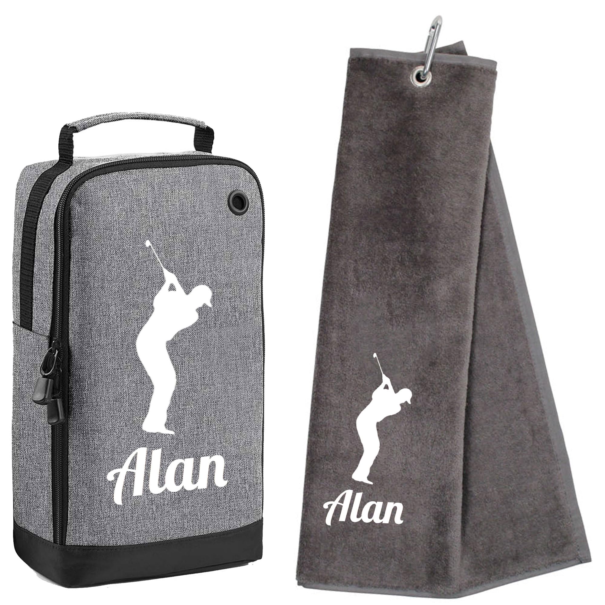 Always Looking Good Personalised Tri Fold Golf Towel with Name & Golf Shoe Bag Gift Set Luxury Velour 50cm x 40cm Custom Towel & Shoe Bag Gift- Golf Gifts for men and women (Grey)