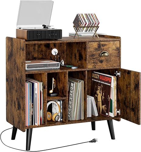 Miniatura 5 de Soporte para tocadiscos, estante de almacenamiento de discos de vinilo con toma de corriente, soporte giratorio de mediados de siglo con patas de