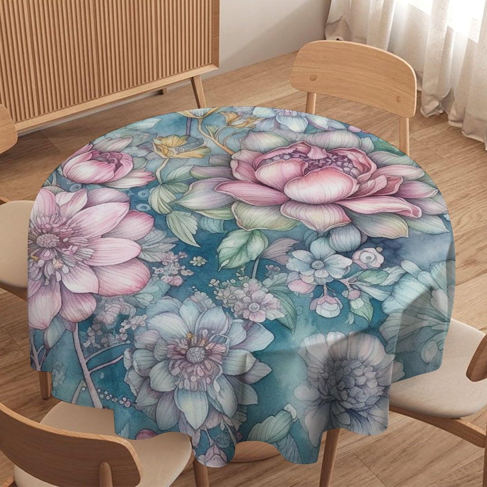 Nappe ronde bleue aux fleurs imprimées pour table de cuisine