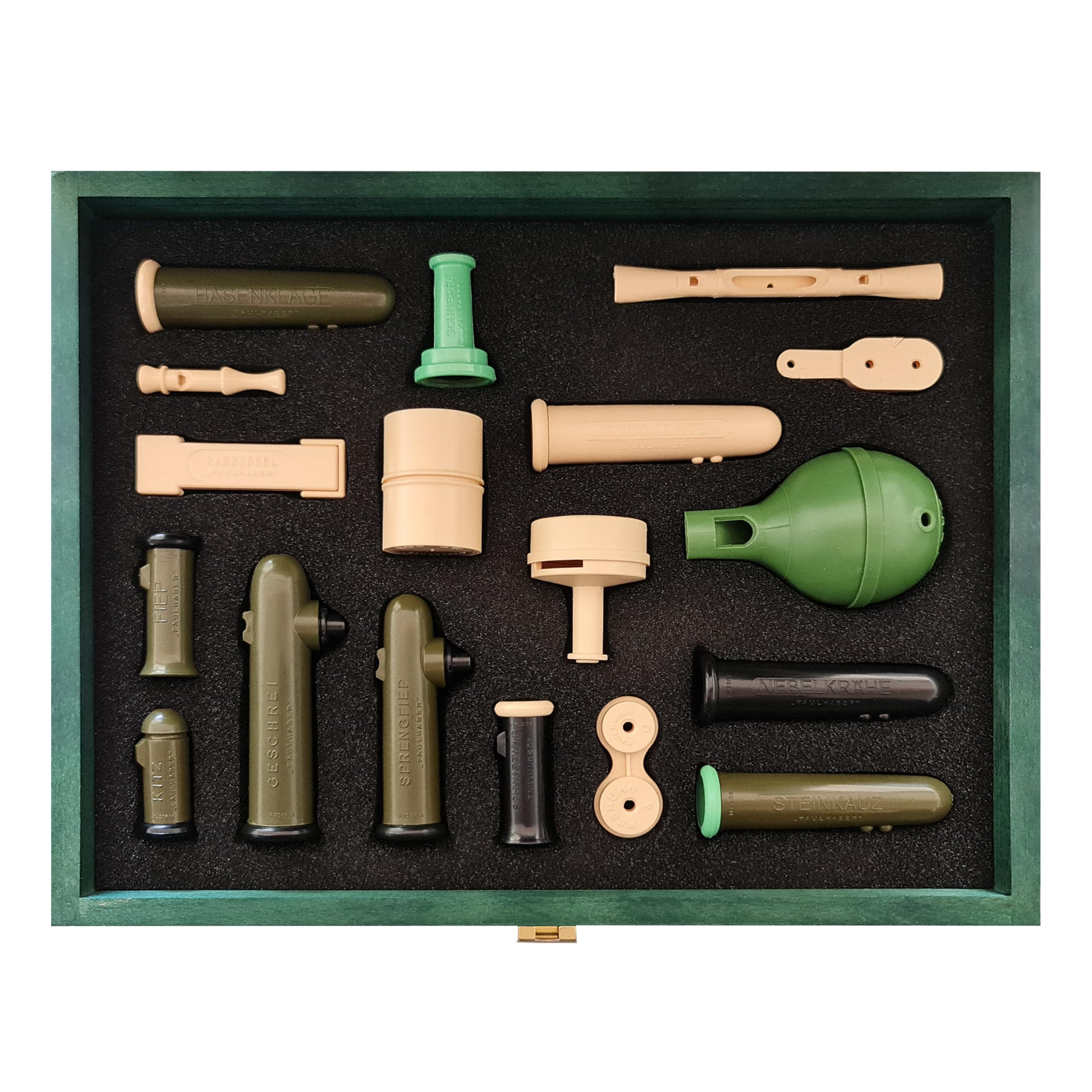 Grosse FAULHABER Geschenk Kassette im Holz-Box 18 der Wildlocker/Rehblatter,Fuchsreiz,Haselwild,Krähenjagd,Ente,Raubvogel,Rebhuhn,Schnepfe,Schwarzwildlocker,Elster,Eichelhäher &Taube