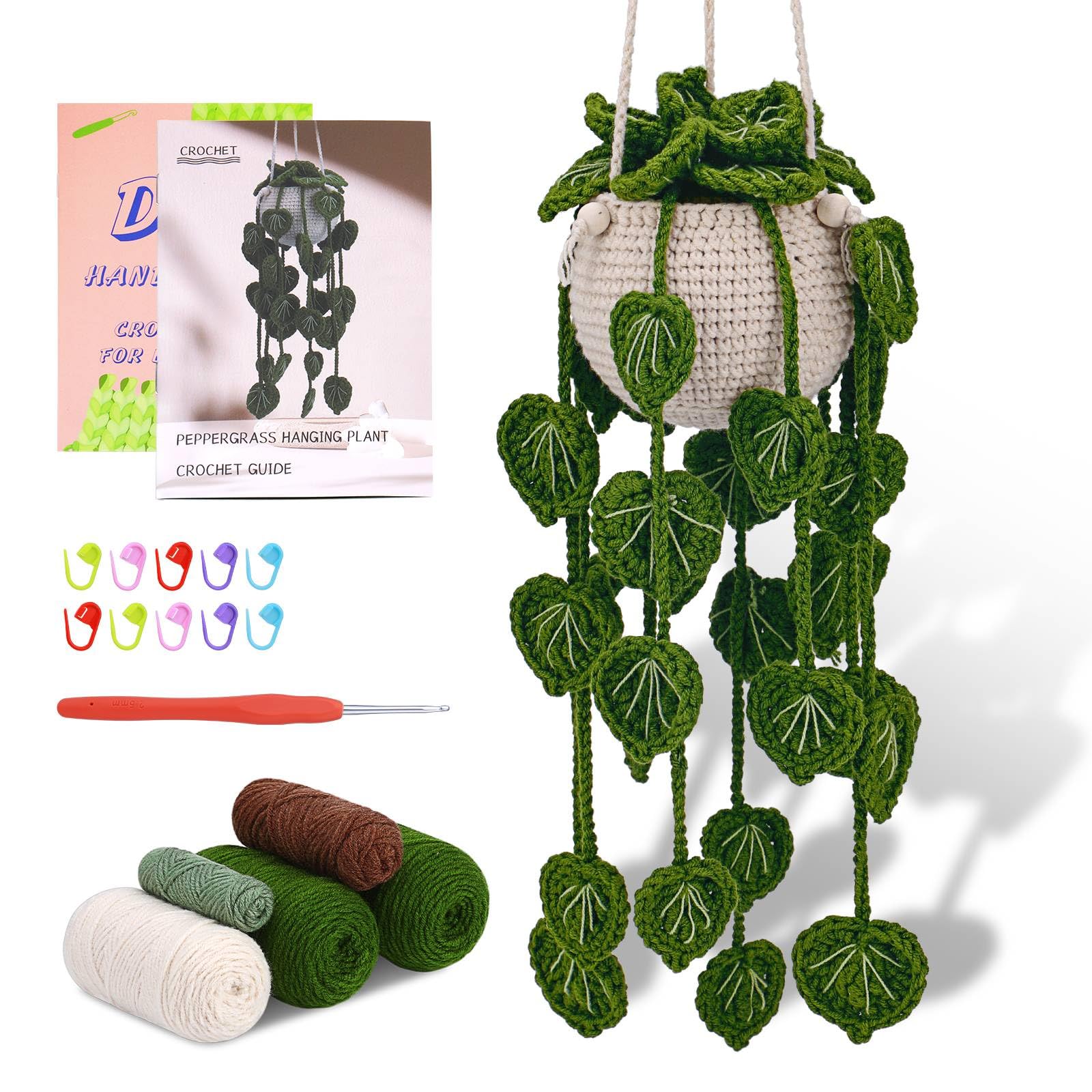 kdafio Crochet Kit for Beginners, Hanging Potted Plants Crochet Starter Kit with Step-by-Step Video Tutorials Complete Crochet Kit for Beginners Decoration (Green Grass Plants)
