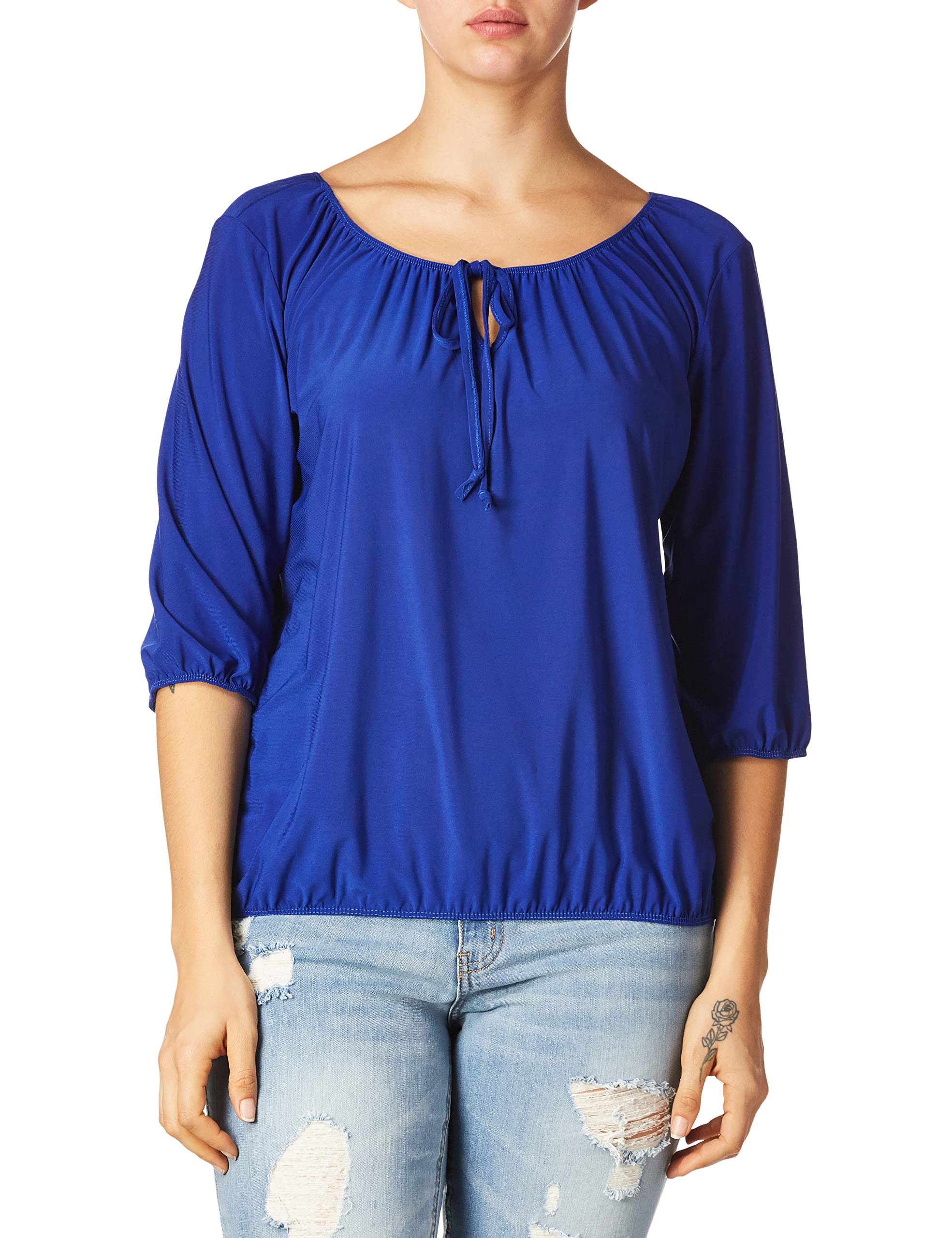 Star Vixen Women's 3/4 Sleeve Peasant Elastic-Hem Keyhole-Tie Top, Royal, XL