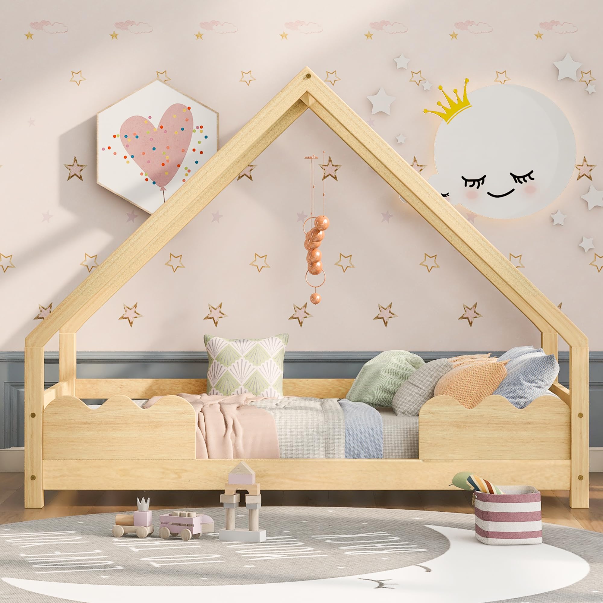 Merax Kinderbett 90x200cm, Hausbett Mit Lattenrost, Holzhaus Bett mit Rausfallschutz für Jungen & Mädchen, Kinder Bett Baumhausbett, Stabiles Bodenbett, Niedlicher Spielplatz, Natur
